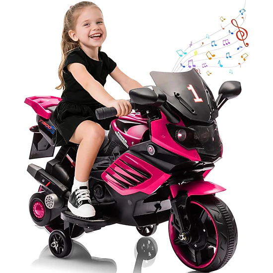 Enjyam 6V Kids Ride On Motorcycle w/Training Wheels, Electric Bike Toy w/Headlight, Horn & Music, Gift for Ages 3-6