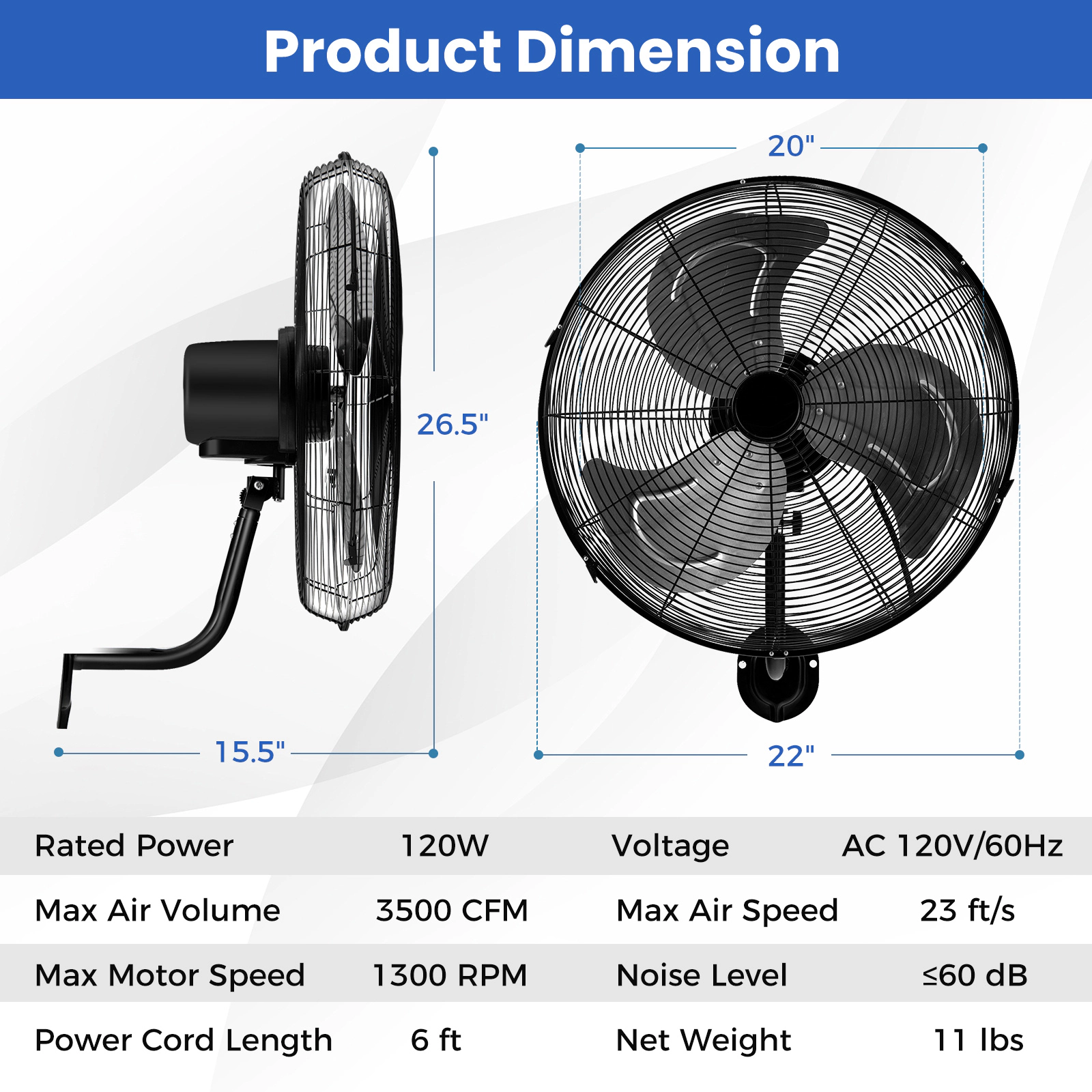 SUGIFT 20-in Black Oscillating Wall Mount Fan with 3 Speeds and Tilt Head 3500-CFM 22-in W 16.5-in D 26.5-in H