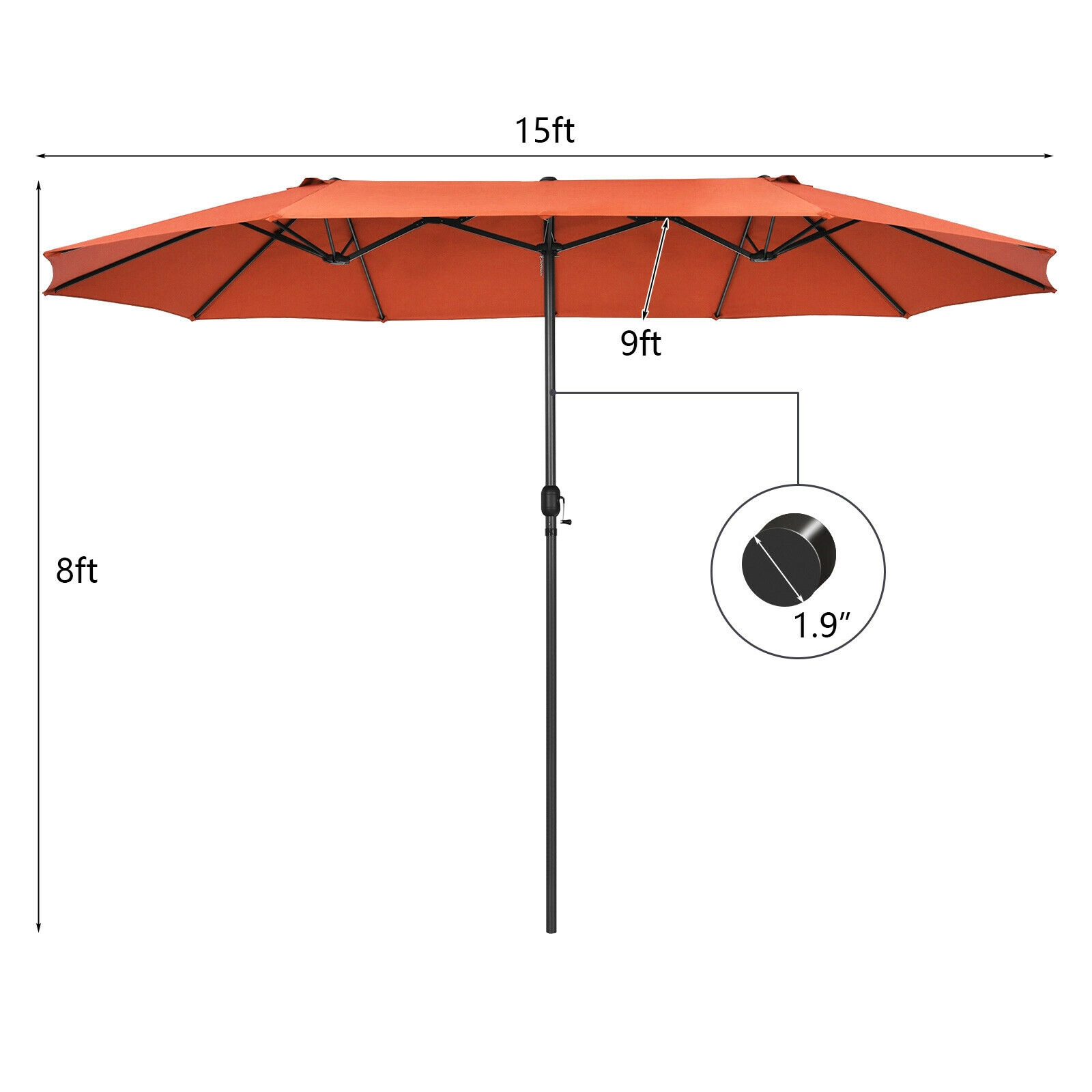 SUGIFT Double-Sided Patio Umbrella with Hand-Crank System 15.4-ft Wide Canopy Steel Frame Orange