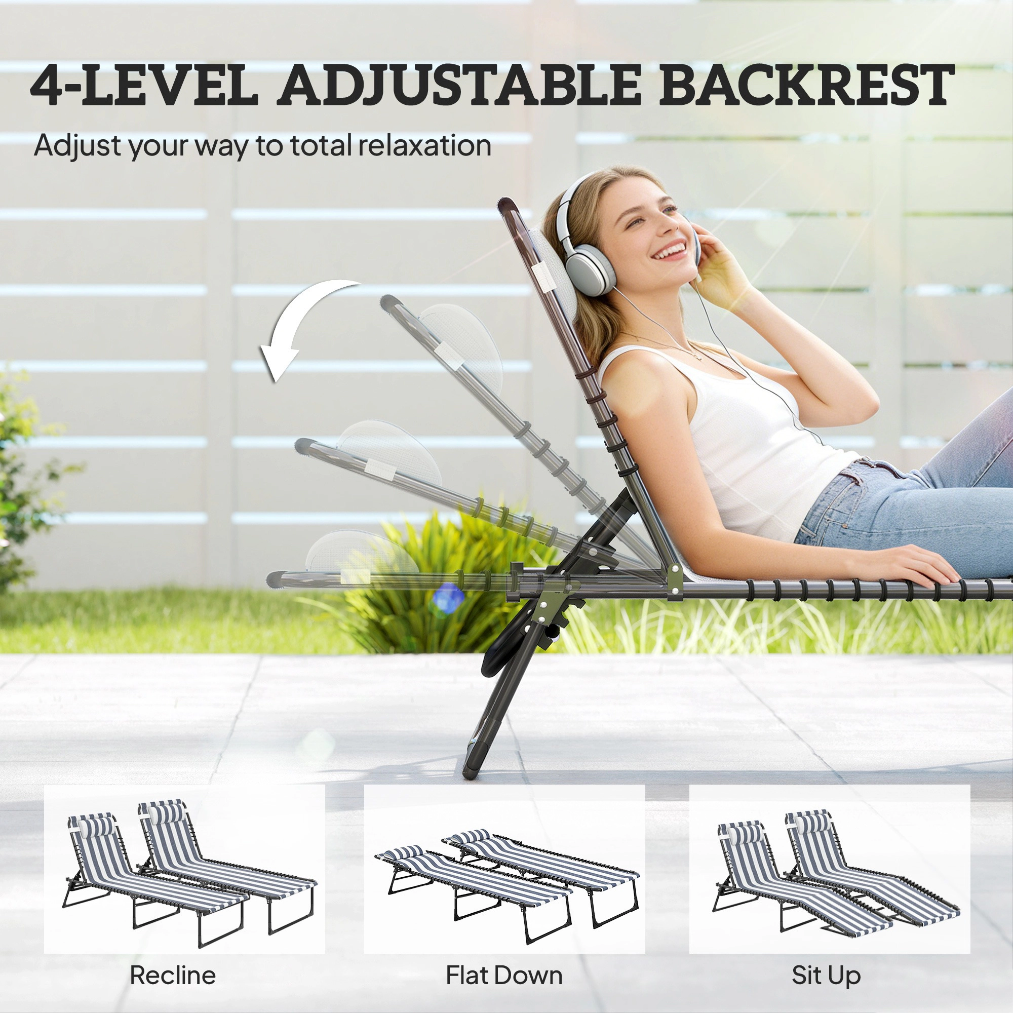 HONGGE 2 Folding Chaise Lounge Pool Chairs with 4-Position Reclining Back, Pillow, Breathable Mesh & Bungee Seat