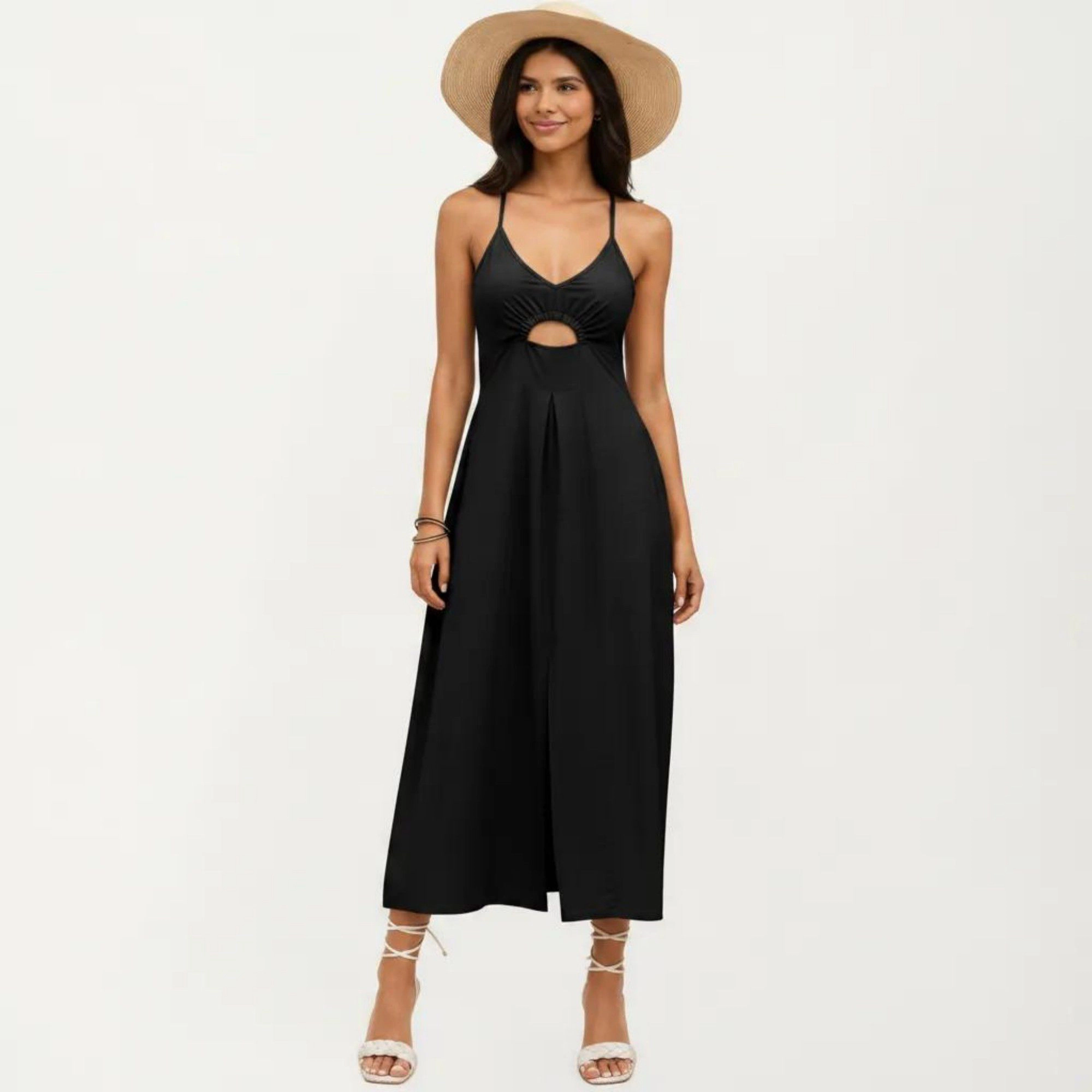 Anna-Kaci Women's Sleeveless Cutout Front Smocked Back Maxi Dress