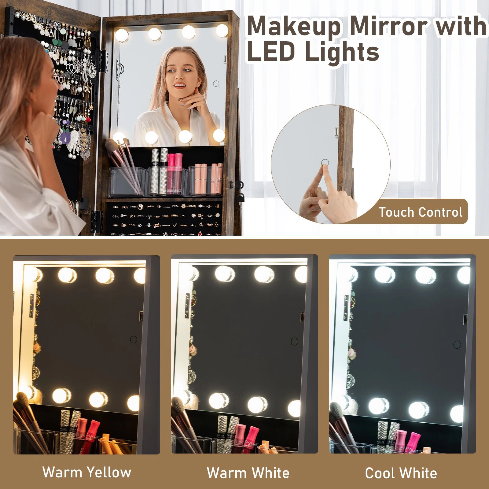 SlickBlue Rotating Jewelry Armoire With LED Mirror And Shelves