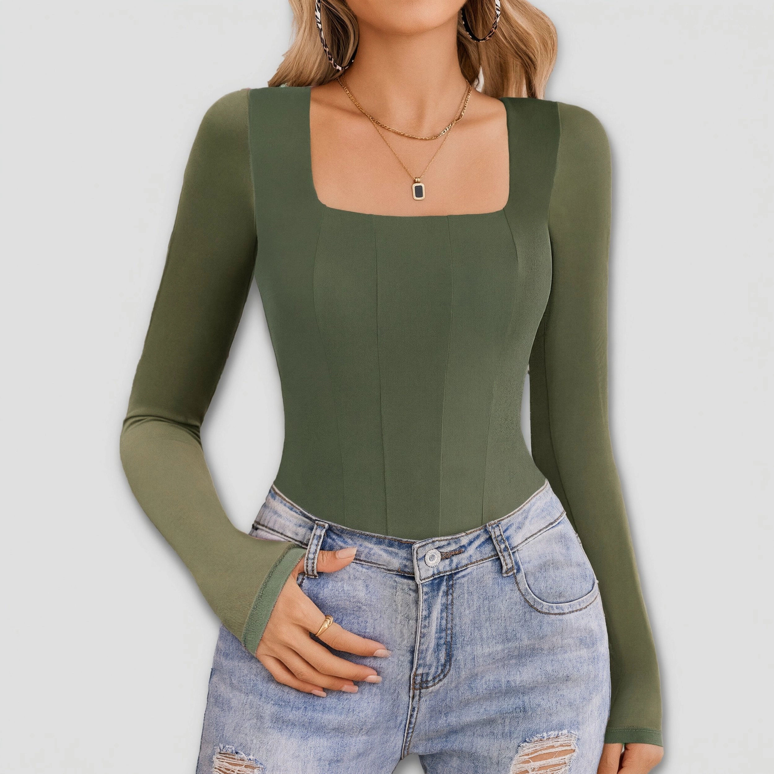 Avidlove Women's Long Sleeve Square Neck Mesh Double Lined Bodysuit Leotard