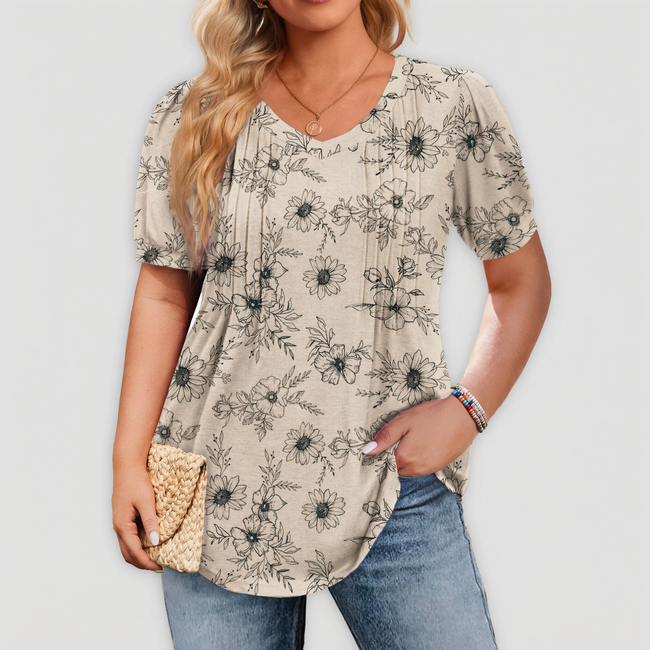 Zeagoo Women Pleated V Neck Tunic Top