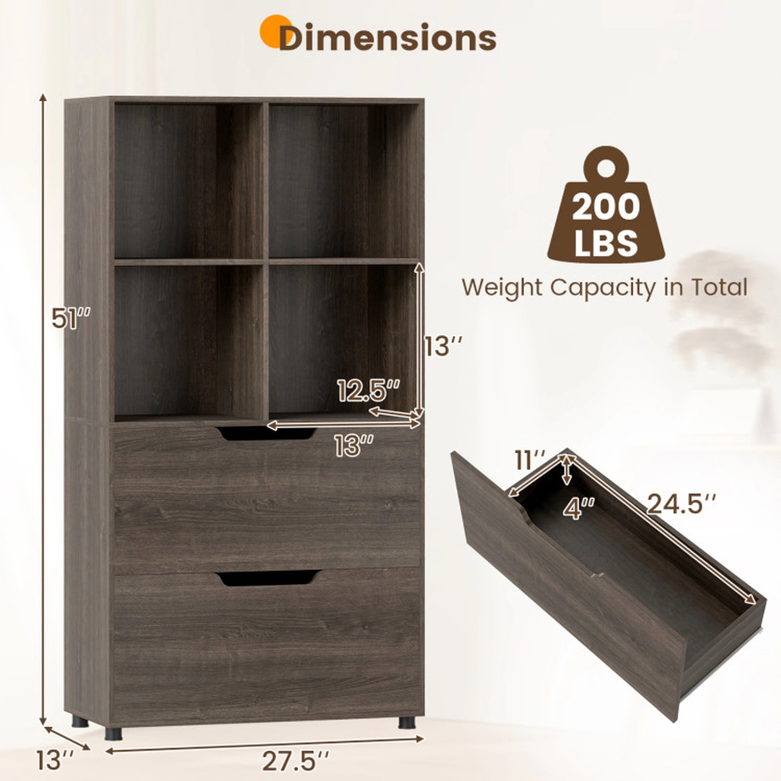 SUGIFT 4-Cube Bookcase with 2 Drawers 51 Tall Freestanding Bookshelf