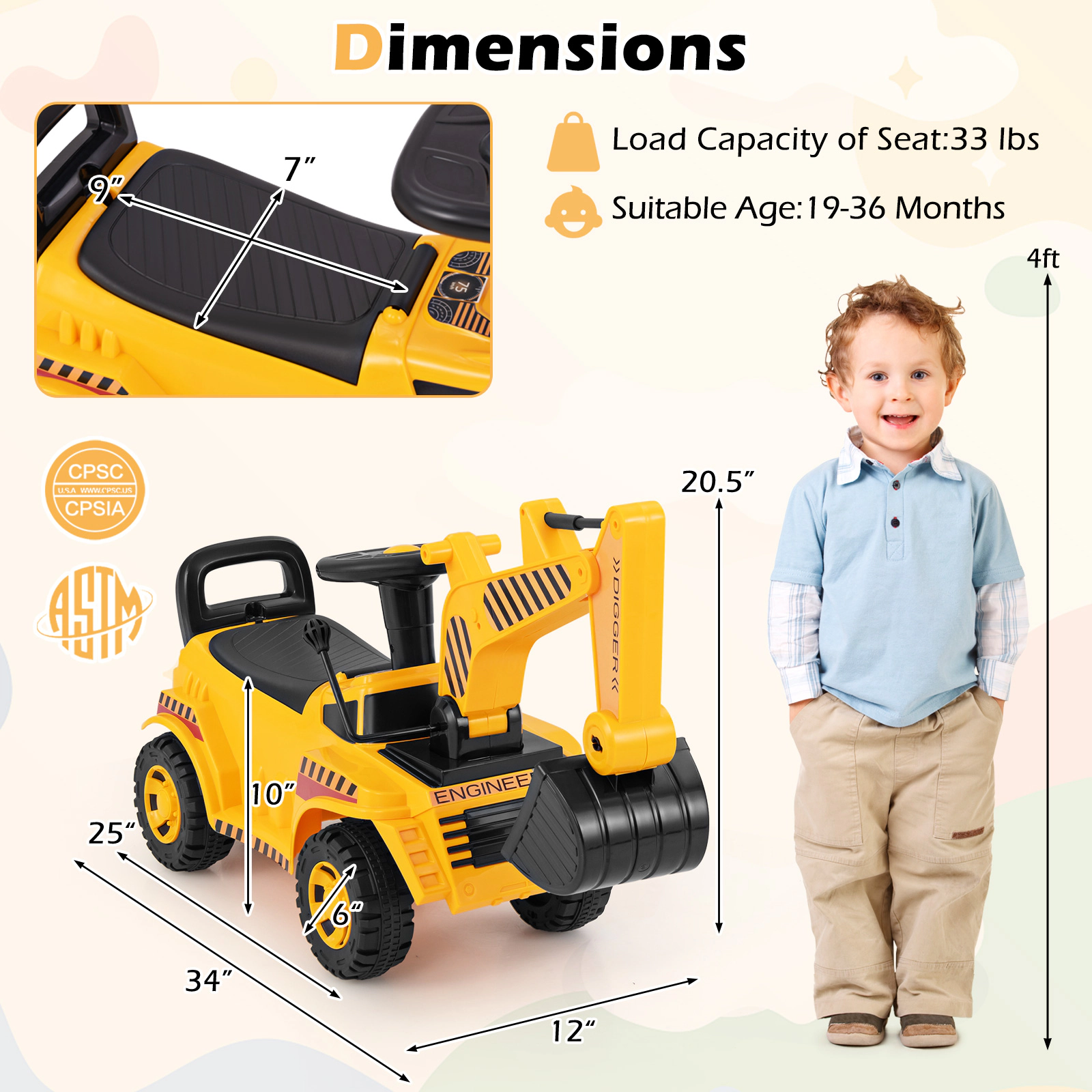 SUGIFT Yellow Adjustable Shovel Safety Helmet and Under Seat Storage Toddler Ride On Excavator