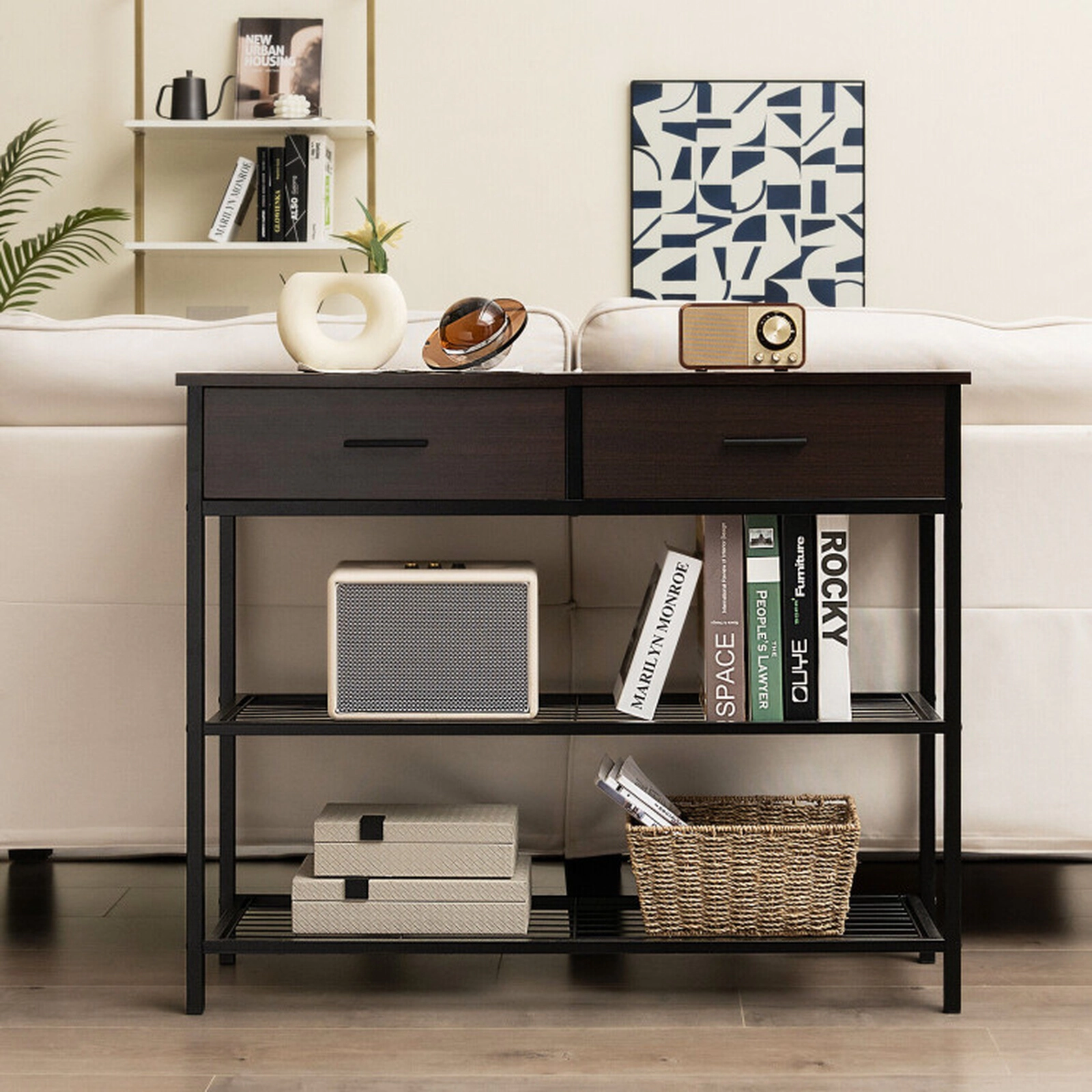 SUGIFT Entryway Table with 2 Drawers and 2-Tier Metal Shelves 88-Lb Tabletop Capacity Dark Brown