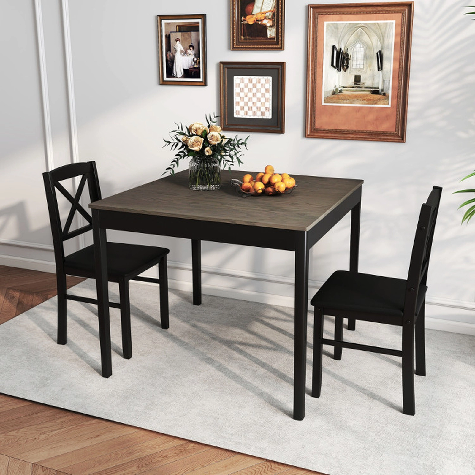 SUGIFT 3-Piece Gray Square Dining Set for 2 with Upholstered Cross-Back Chairs