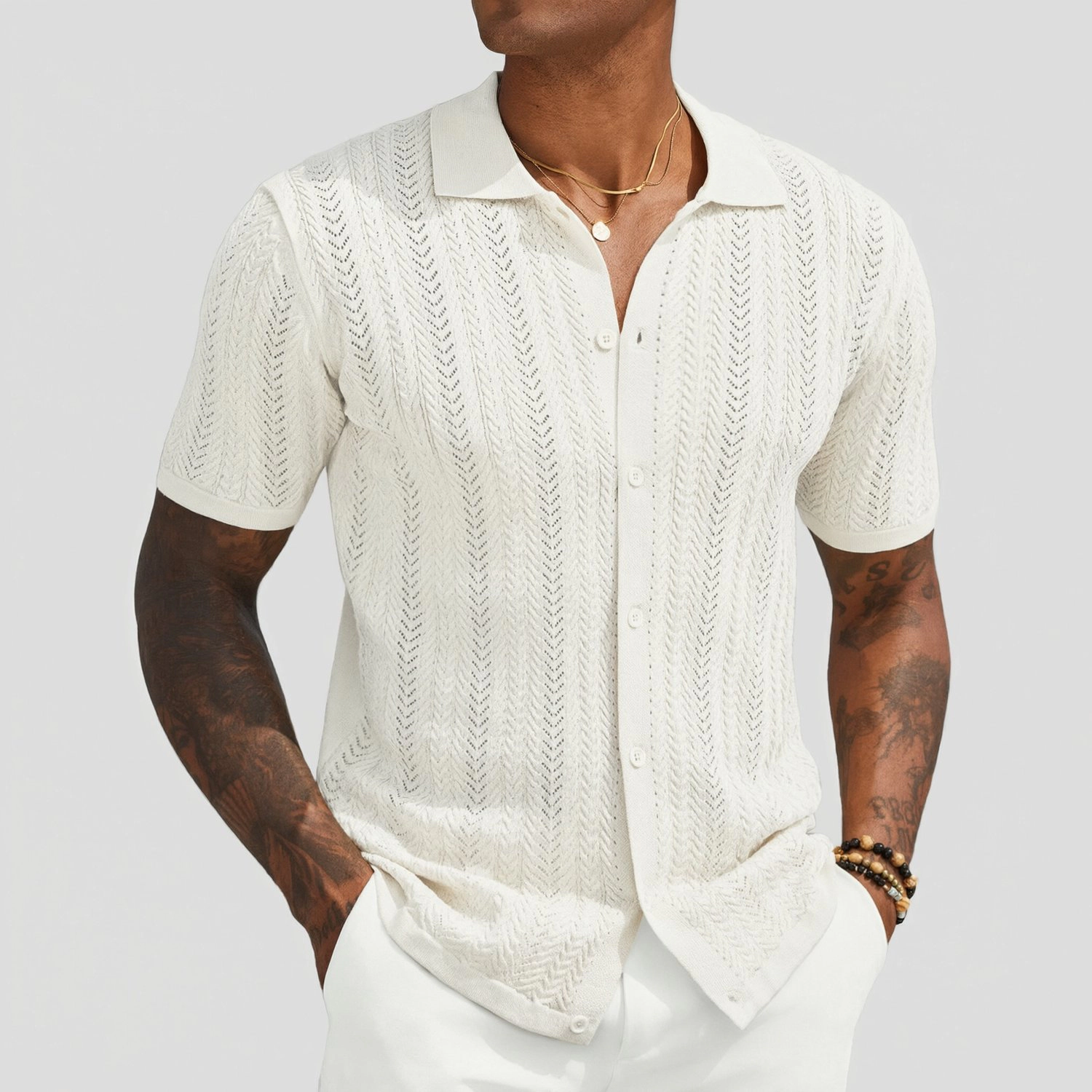COOFANDY Mens Short Sleeve Polo Shirts  Chevron Openwork Button Down Tops