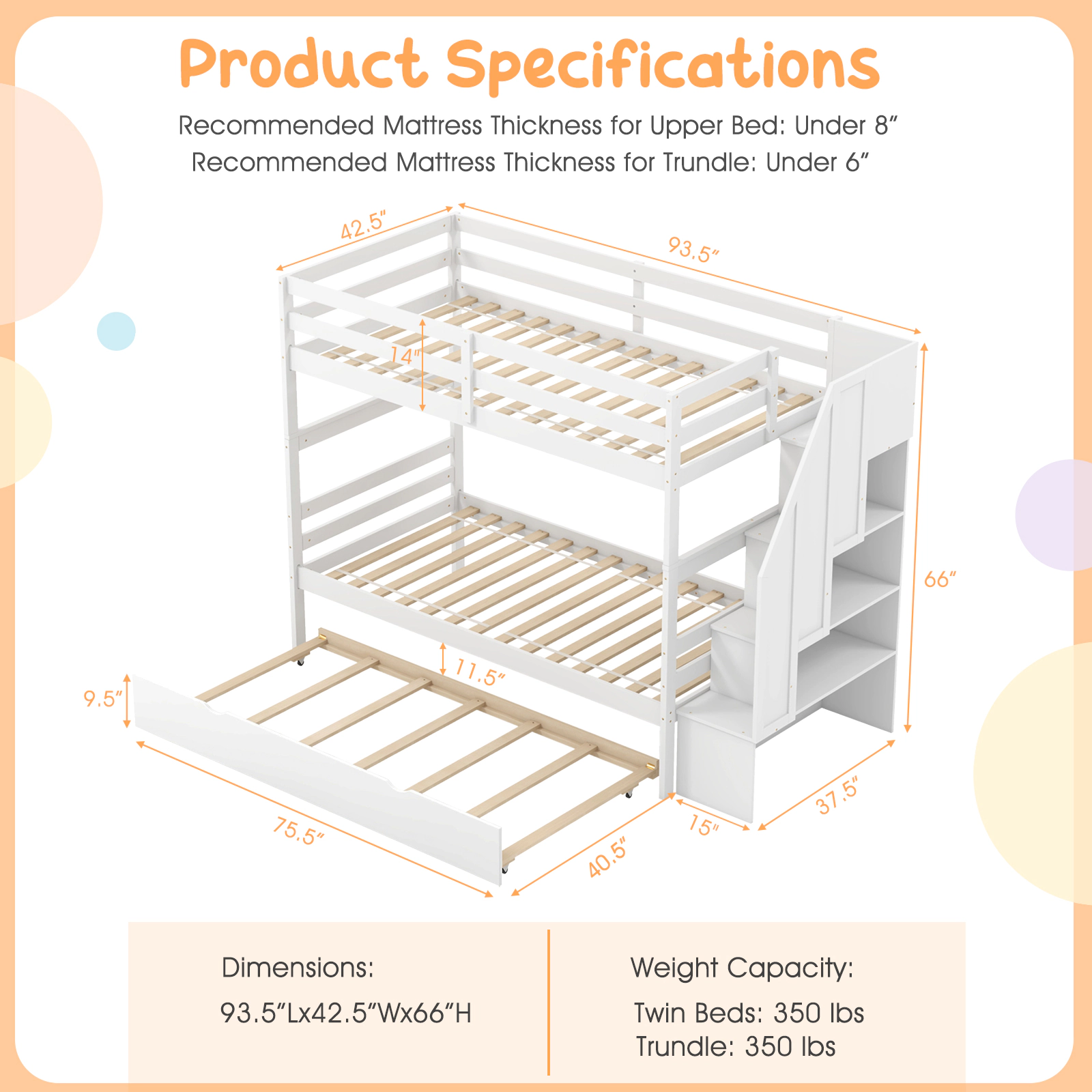 SUGIFT White 4-Step Storage Stairs Trundle and Guardrail Kids Wood Bunk Bed