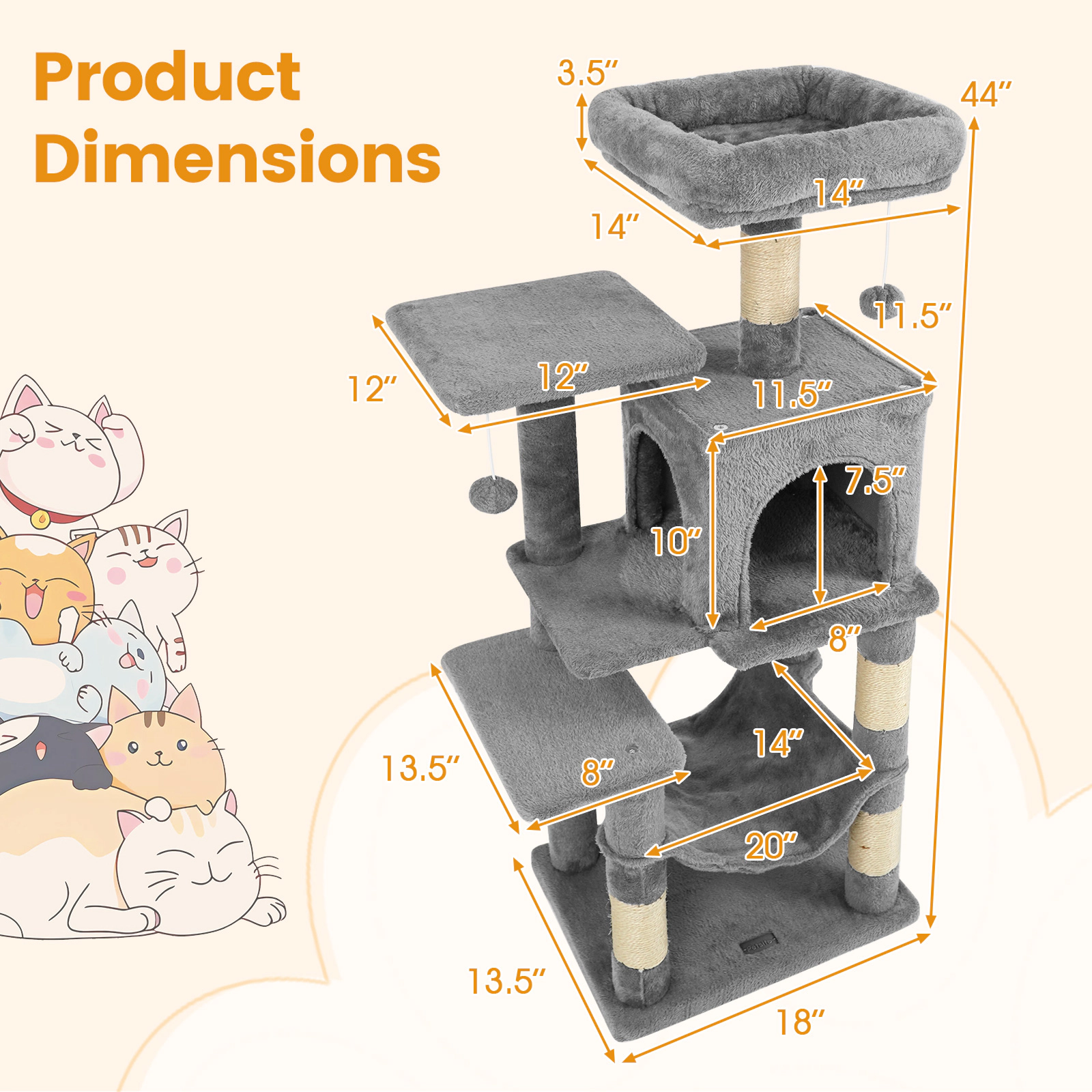 SUGIFT Multi-Level Cat Tower with 2-Door Condo and Padded Top Perch with Hammock and Scratching Posts Light Gray