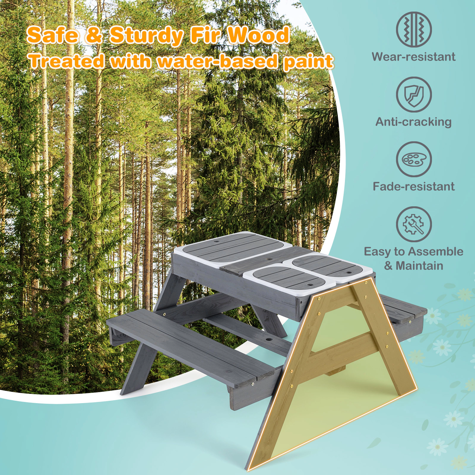 SUGIFT Kids Wooden Picnic Table with Benches, 3 Removable Bins and Adjustable 59-Inch Umbrella, Gray
