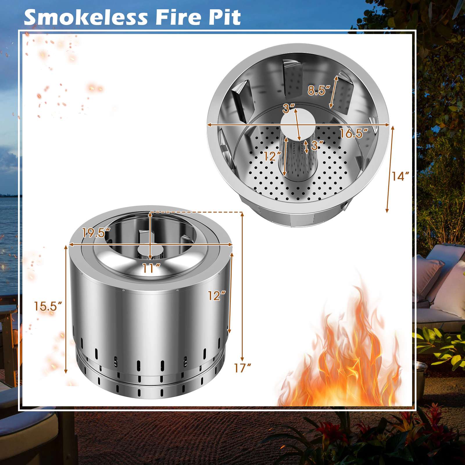 SUGIFT 19.5-in Smokeless Stainless Steel Outdoor Fire Pit with Ash Pan and Waterproof Sunproof Cover