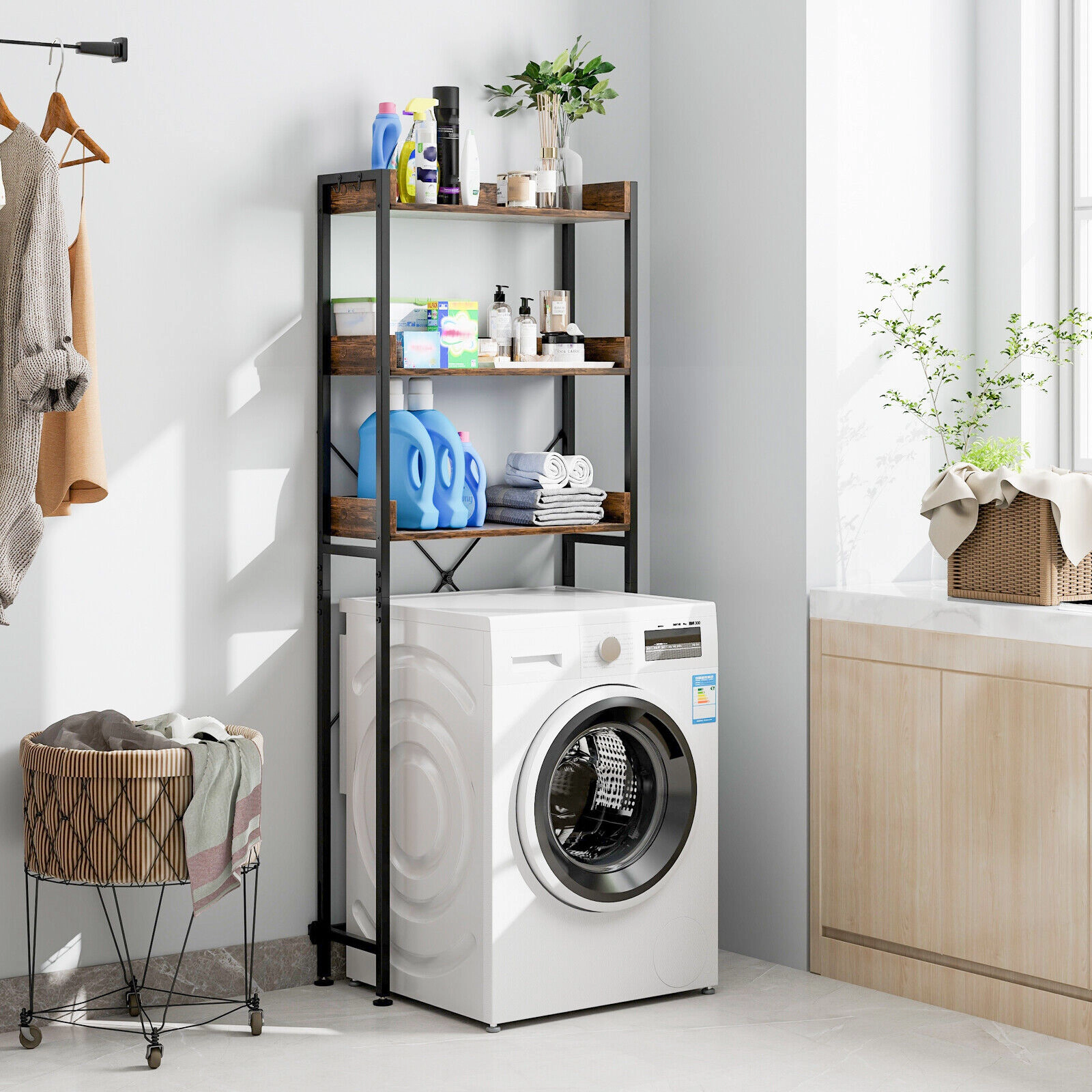 SUGIFT Rustic Brown Freestanding Over the Toilet Rack with Adjustable Bottom Bar 4 Towel Hooks and Shelves