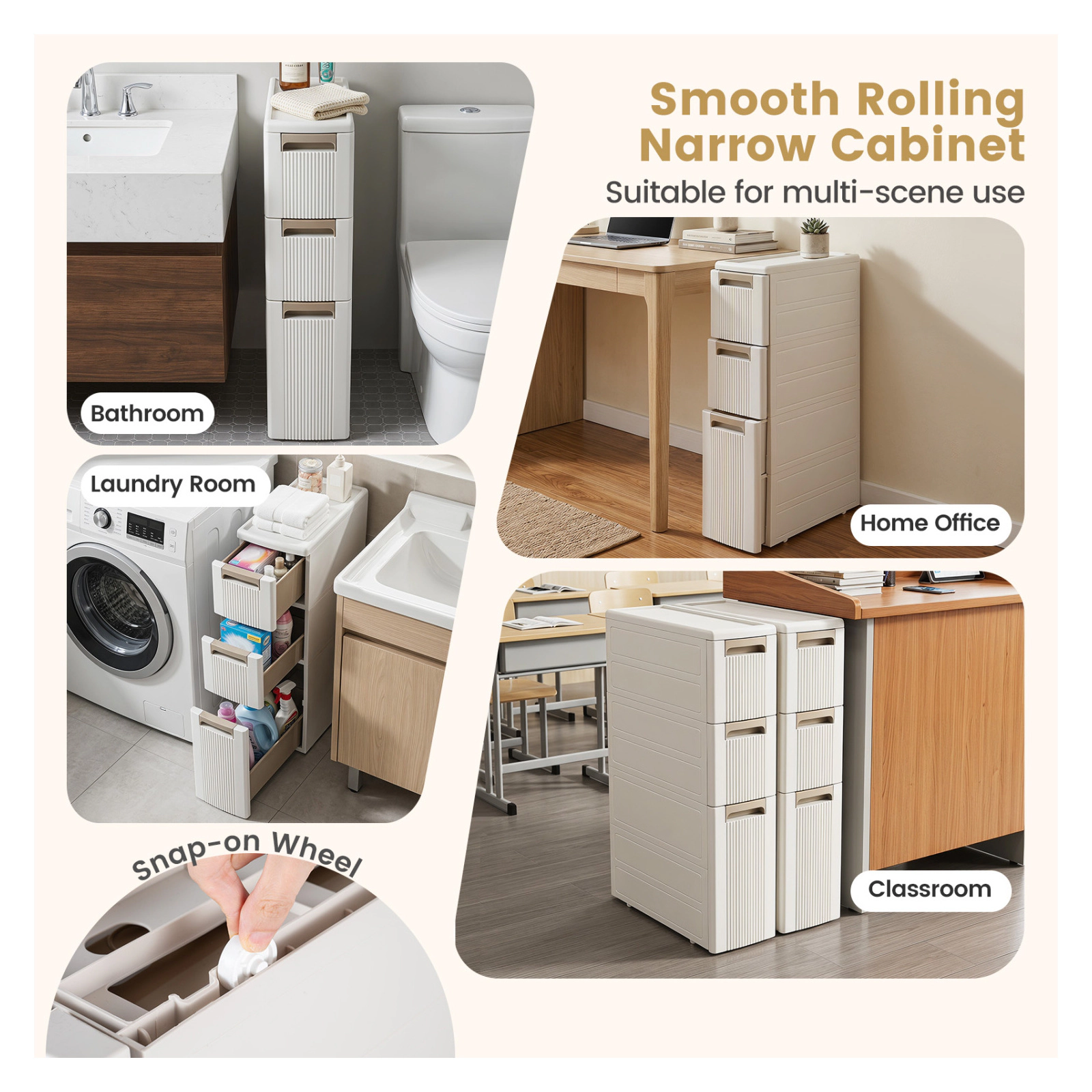 Glintex 3-Drawer Slim Rolling Storage Cart with Removable Dividers and Fluted Front, Beige