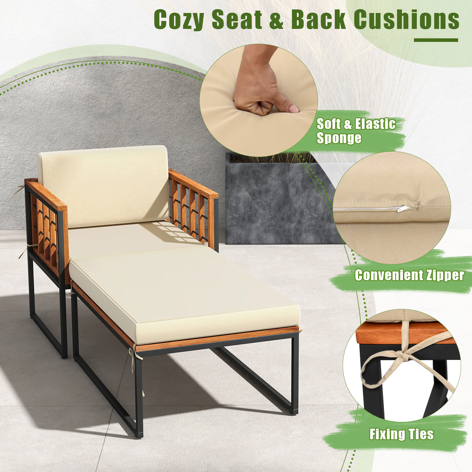 Hivvago Patio Acacia Wood Armchair With Long Ottoman And Seat Back Cushions