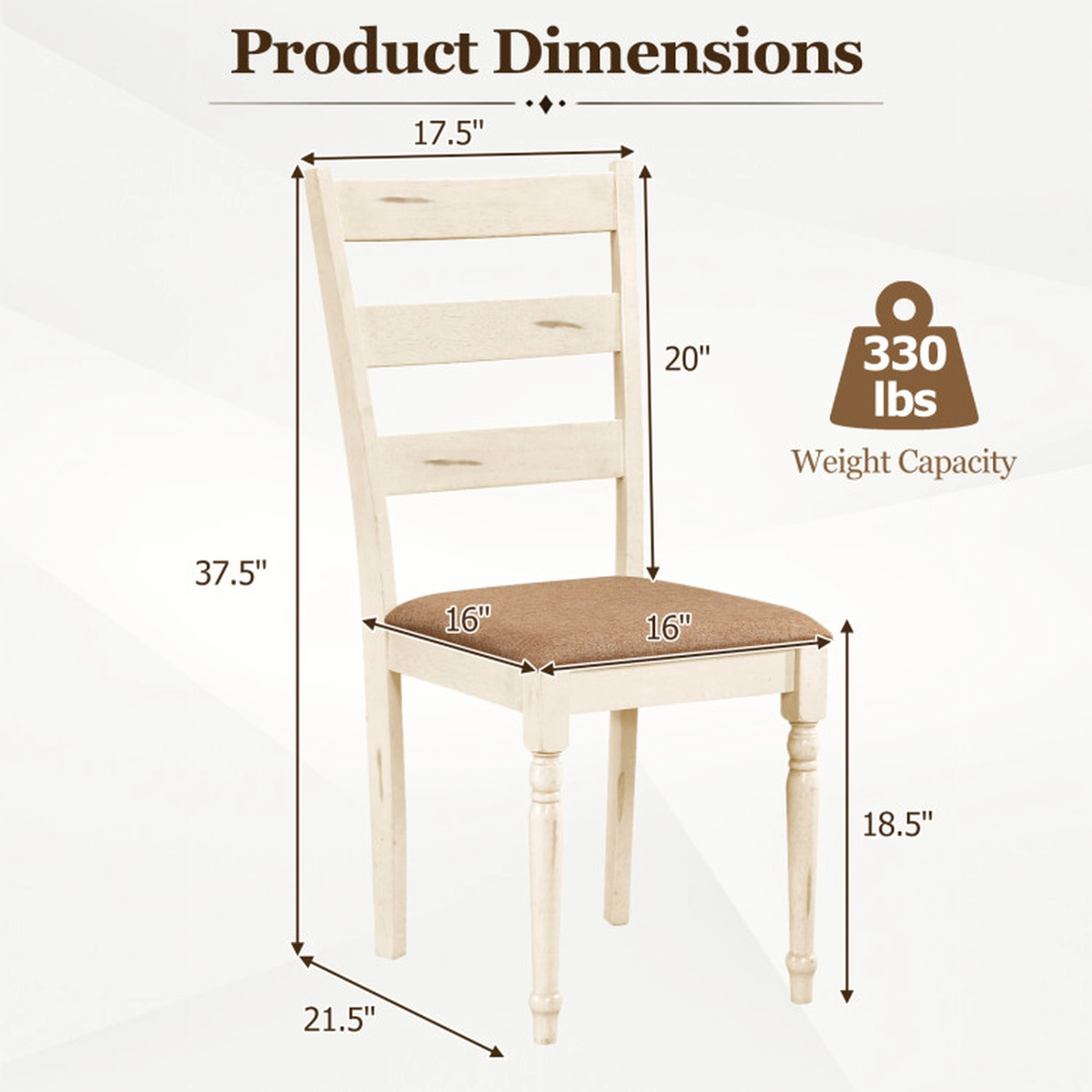 SUGIFT Rubber Wood Dining Chairs Set of 2 with Padded Linen Seat and Slatted Backrest 330-lb Capacity White Brown