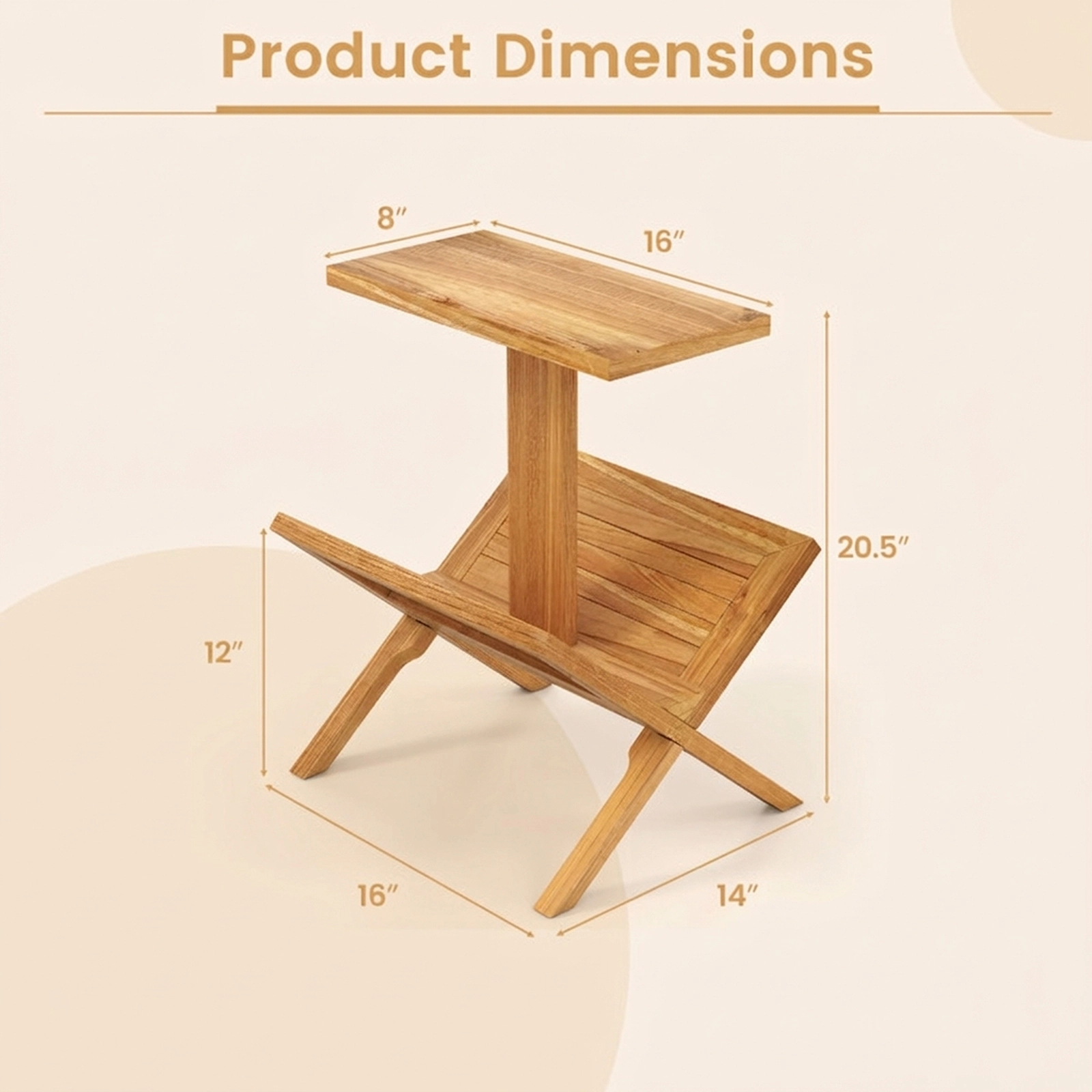SUGIFT Natural Teak Wood Side Table, 20.5 in, Magazine Rack and Open Storage Shelves