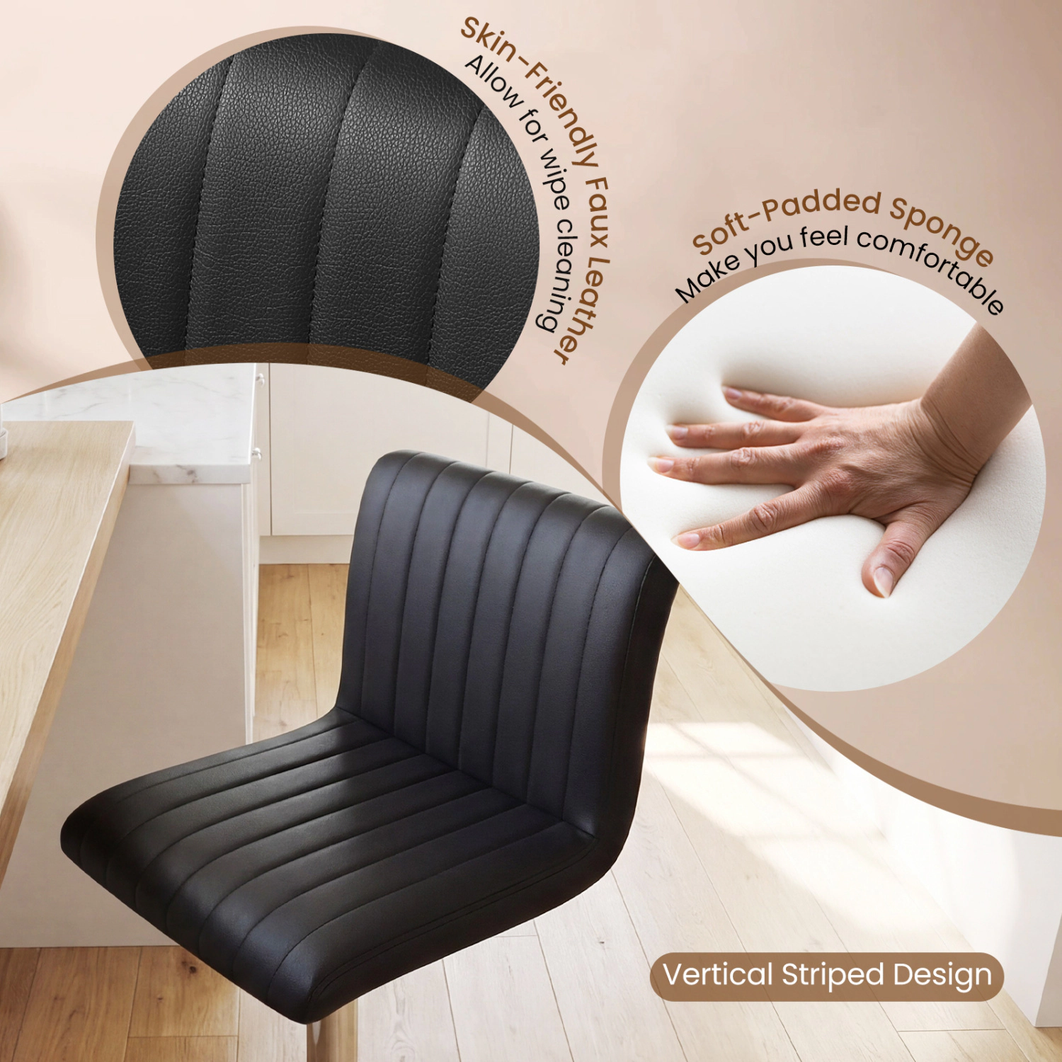 Glintex 2-Piece Adjustable Swivel Bar Stool Set with Vertical Striped Back, Black