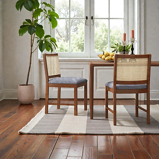 Hivvago Rattan-Accented Dining Chairs in a Set of Two with Rubberwood Frames and Linen Upholstered Seats