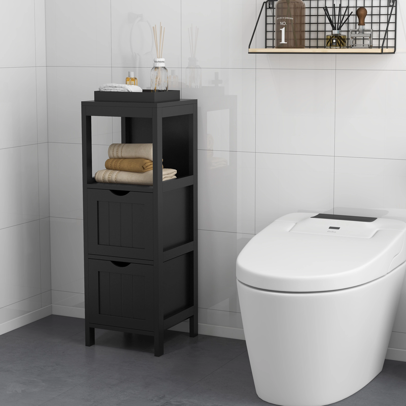 SlickBlue Bathroom Floor Cabinet with Drawers and Open Shelf