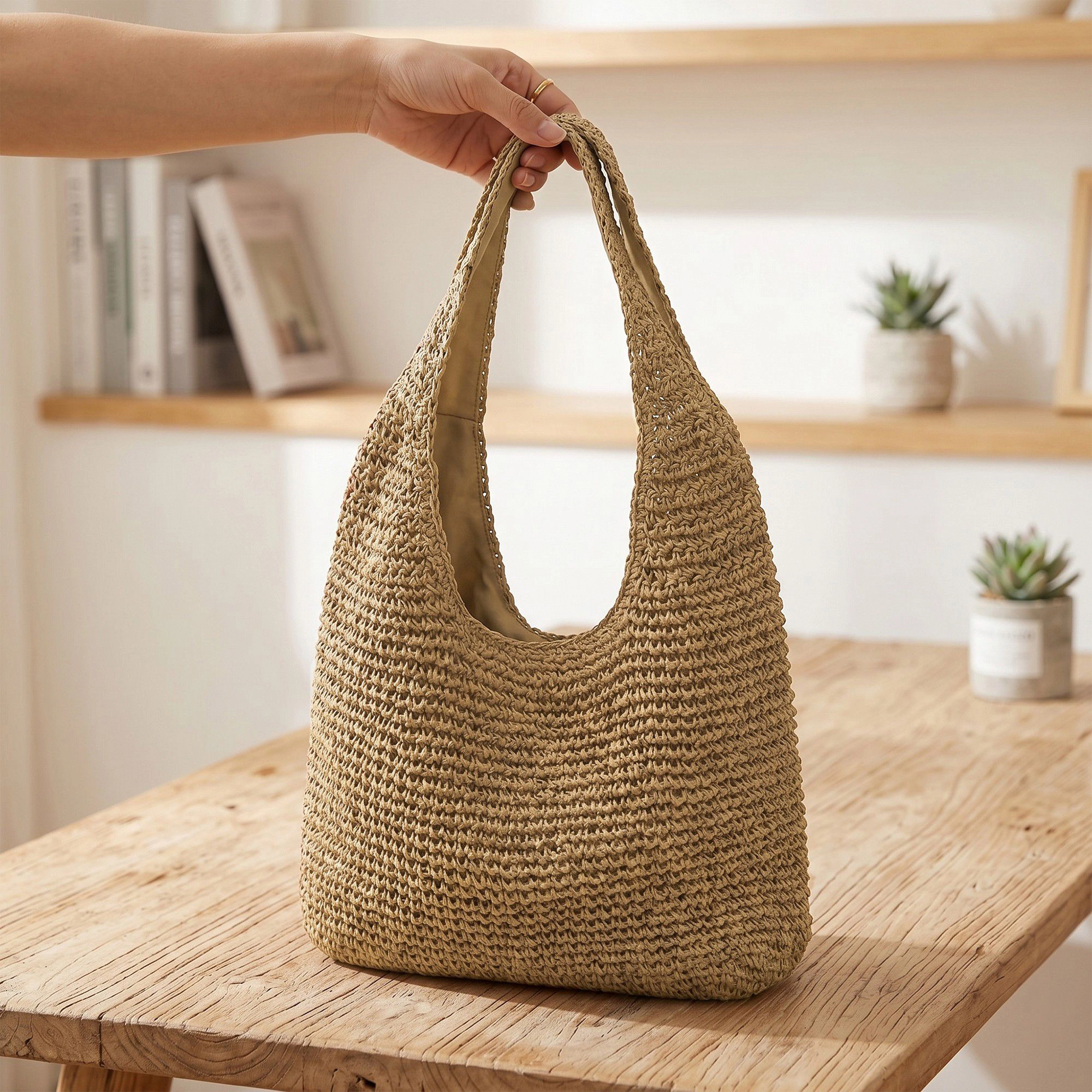 Alilang Women's Woven Crochet Hobo Bag with Integrated Strap Slouchy Shoulder Handbag Lightweight Large Capacity Tote