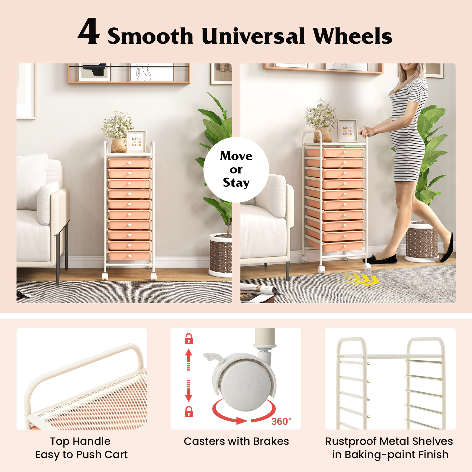 SUGIFT Cherry 34-in 10-Drawer Rolling Storage Cart Household Organizer for Batteries and First Aid