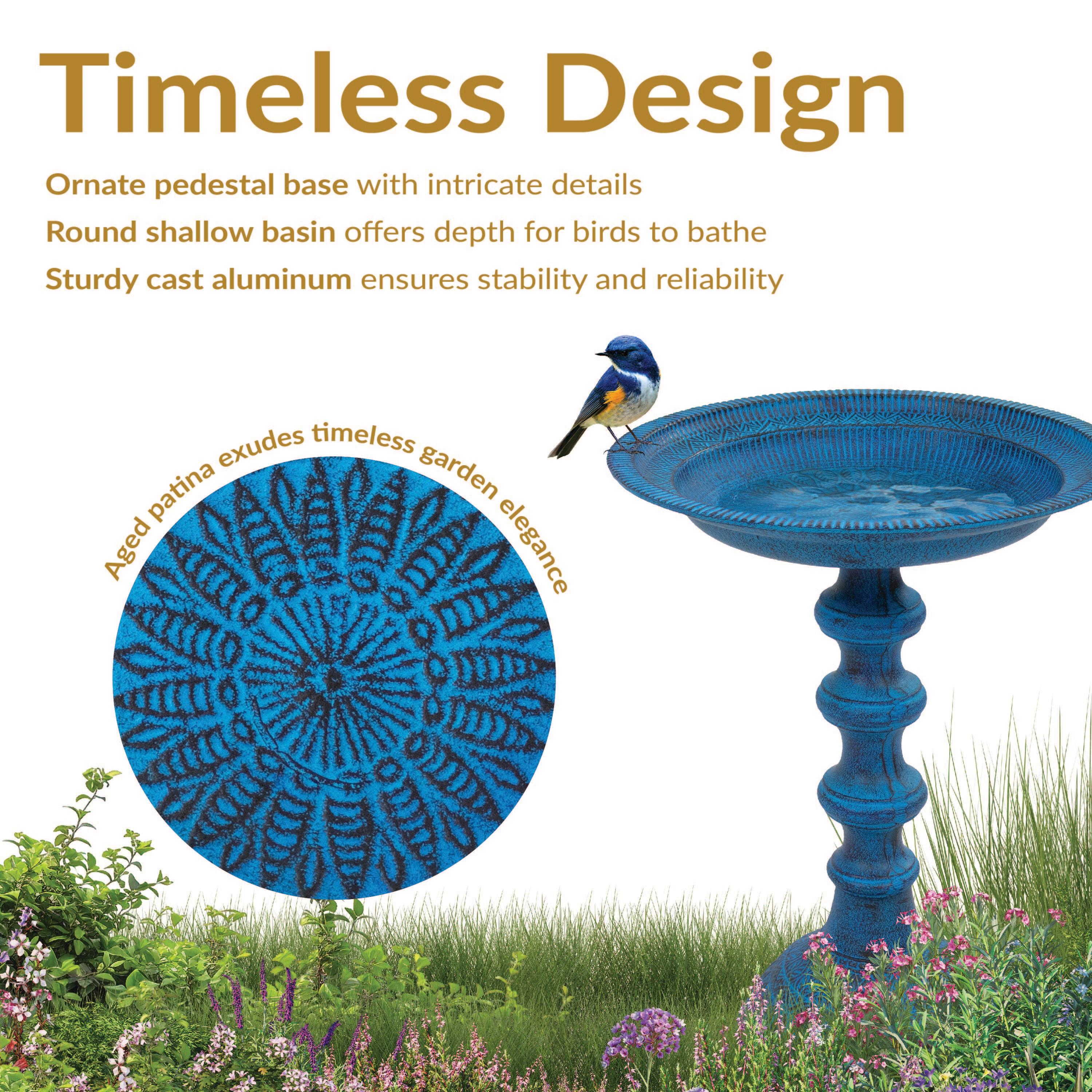 Sunnydaze Backyard Beauty Metal Bird Bath for Outside, 18” H, Blue Patina