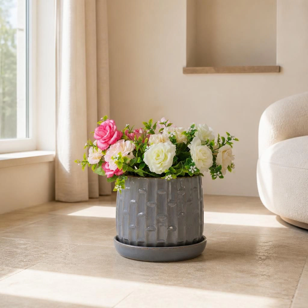 WOW PIONEER Round Solid Ceramic Planter Pot for Flowers Herbs Succulents Patio Balcony Home Decor
