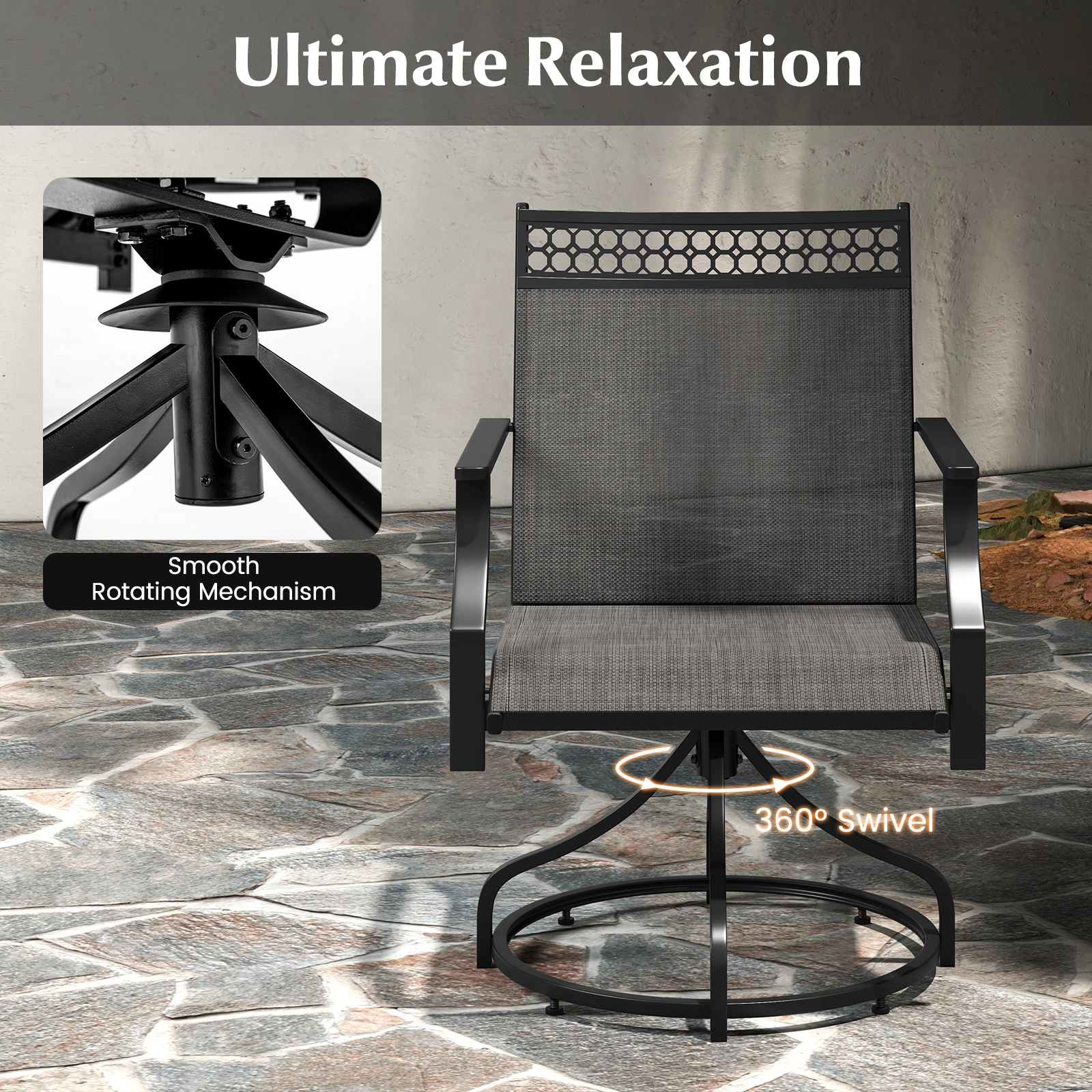 SUGIFT Gray Swivel Heavy Duty Metal Frame and Armrests Set of 2 Patio Dining Chairs