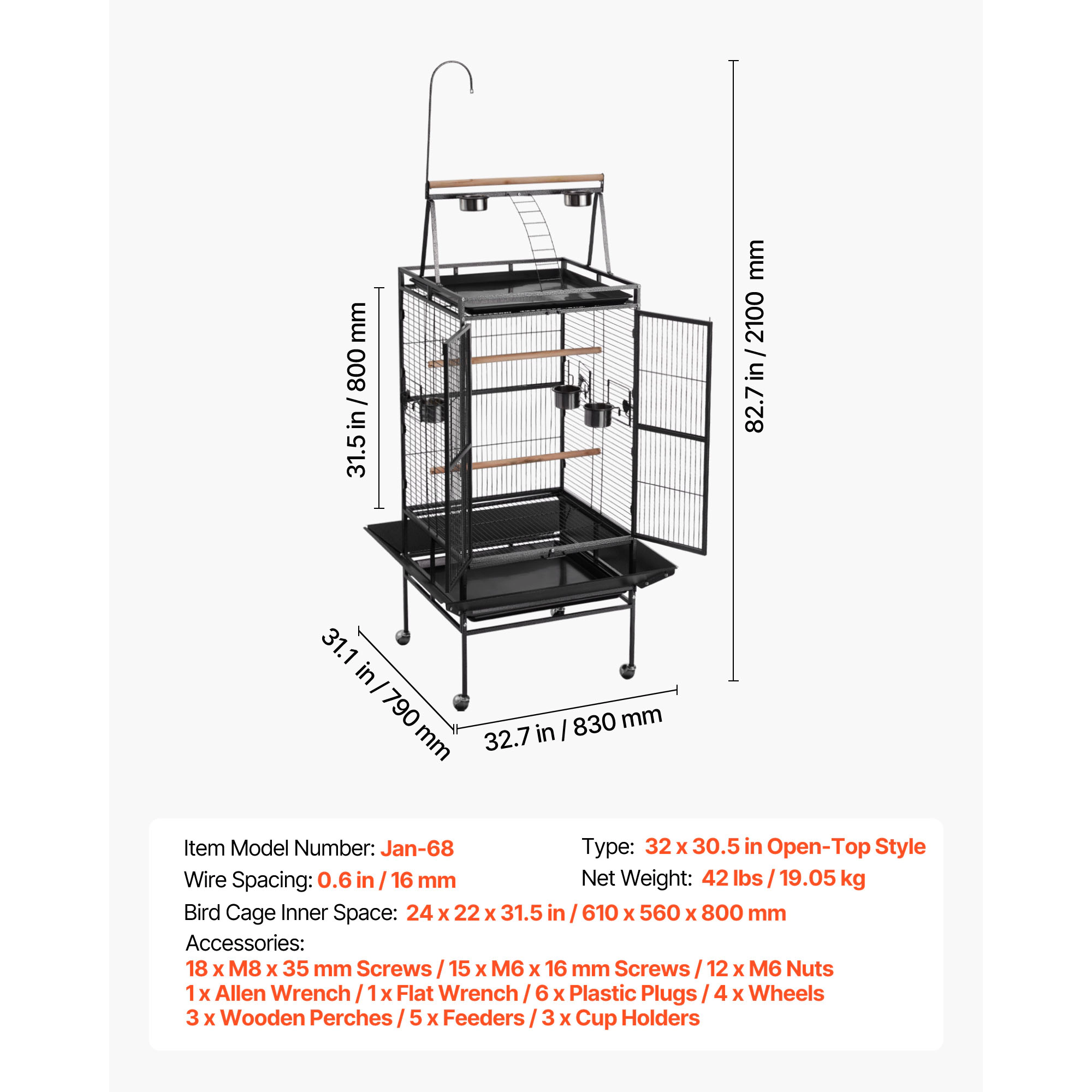 HONGGE Wrought Iron Bird Flight Cage, 32.7"L x 31.1"W x 82.7"H, Open-Top Design with Rolling Casters & Slide-Out Tray