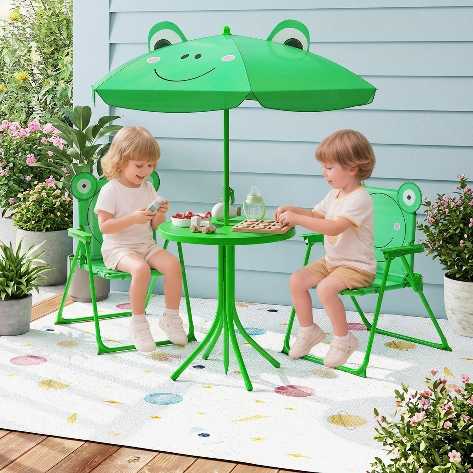 SUGIFT Kids Picnic Table Set, 4-Piece Green Folding Set with 2 Chairs and Removable Umbrella