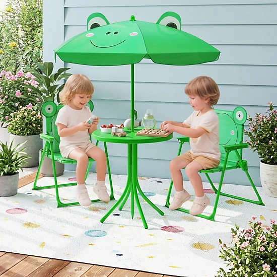 SUGIFT Kids Picnic Table Set, 4-Piece Green Folding Set with 2 Chairs and Removable Umbrella