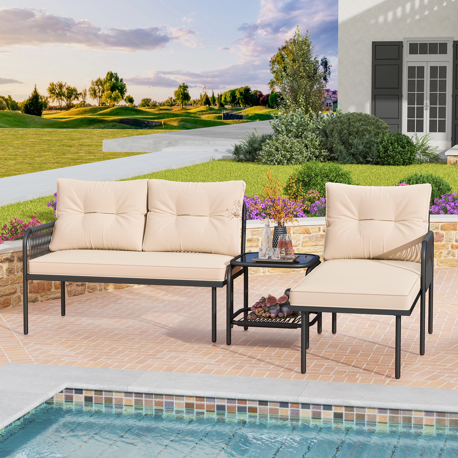LJG 3-Piece L Shaped Patio Furniture Set PE Rattan Sectional Sofas
