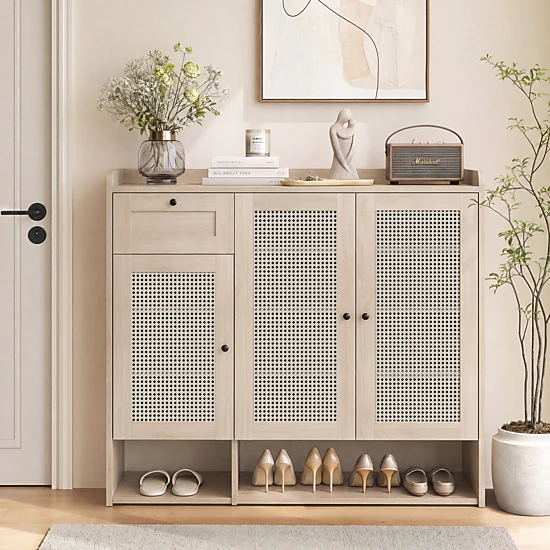 BebreezChic Rattan Shoe Cabinet for Entryway,3-Door Shoe Storage with ...