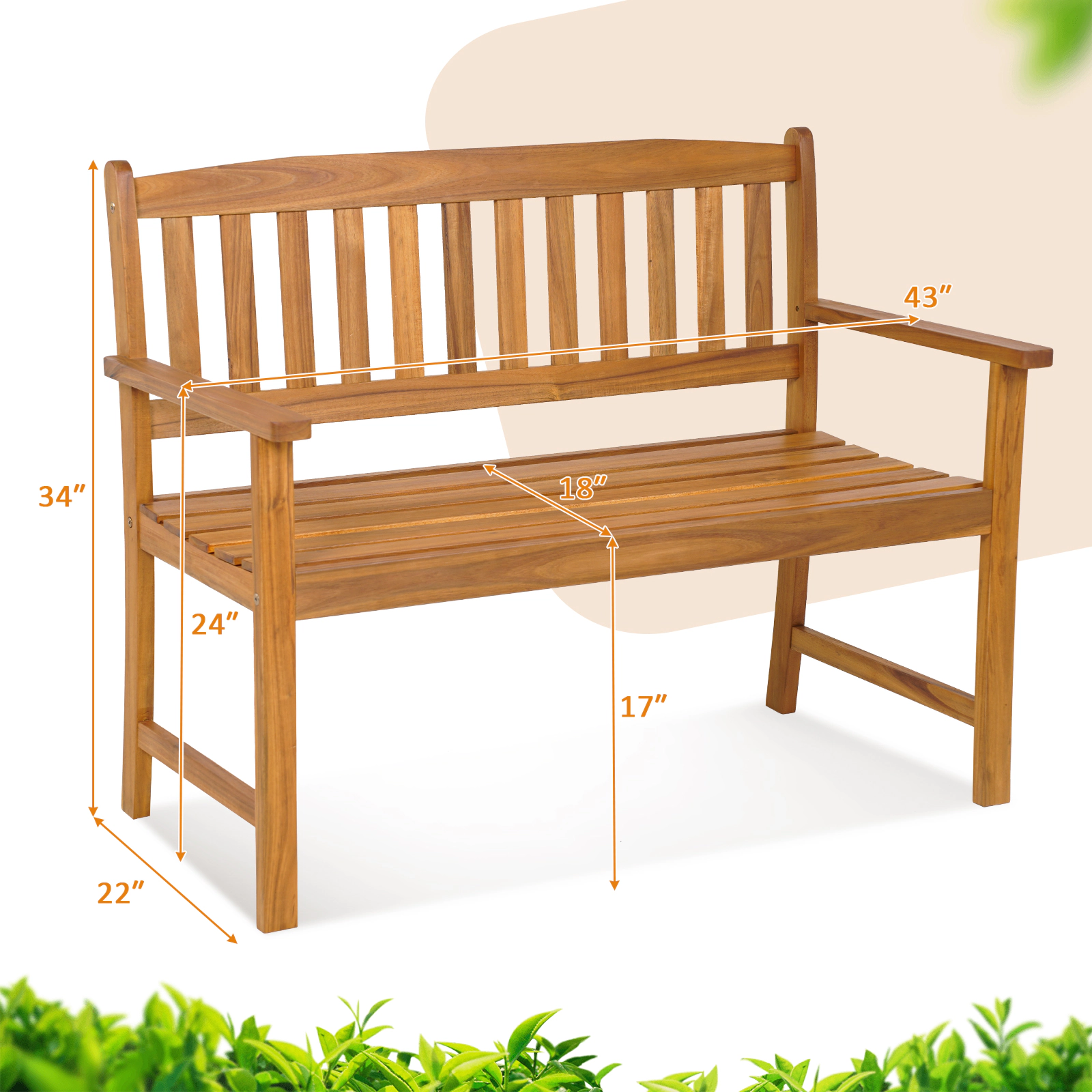 LJG 2-Person Patio Acacia Wood Bench with Backrest and Armrests
