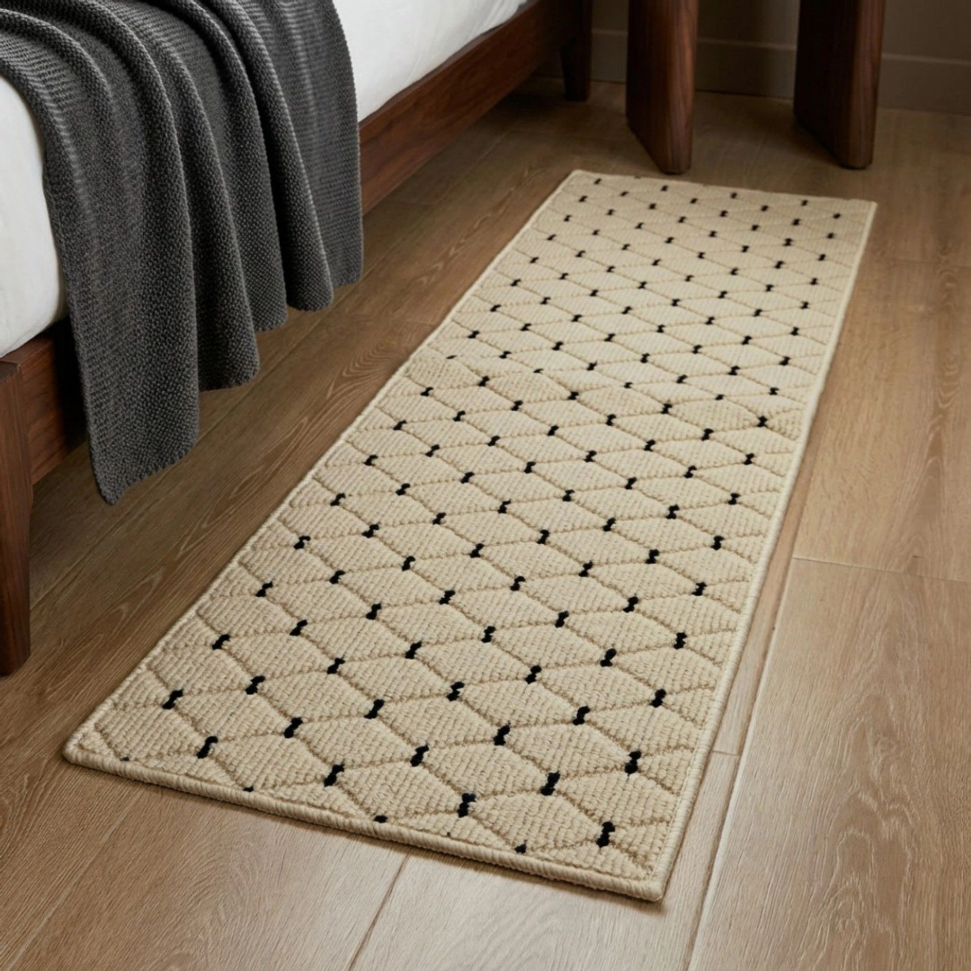 Alilang Unisex Neutral Diamond Pattern Woven Runner Rug Low Profile Bedroom Floor Runner