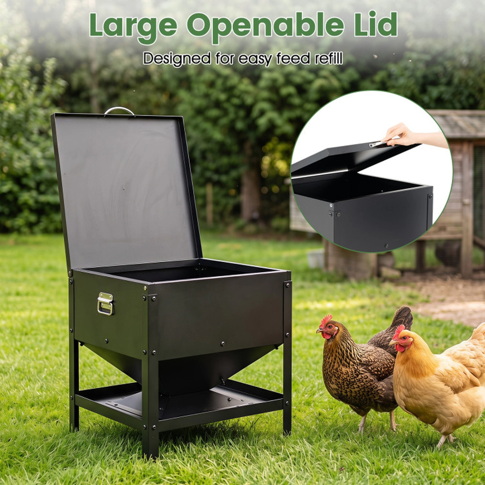 SUGIFT Large Capacity Galvanized Metal Chicken Feeding Box Pet Food Container with Openable Lid 19-in Tall Black