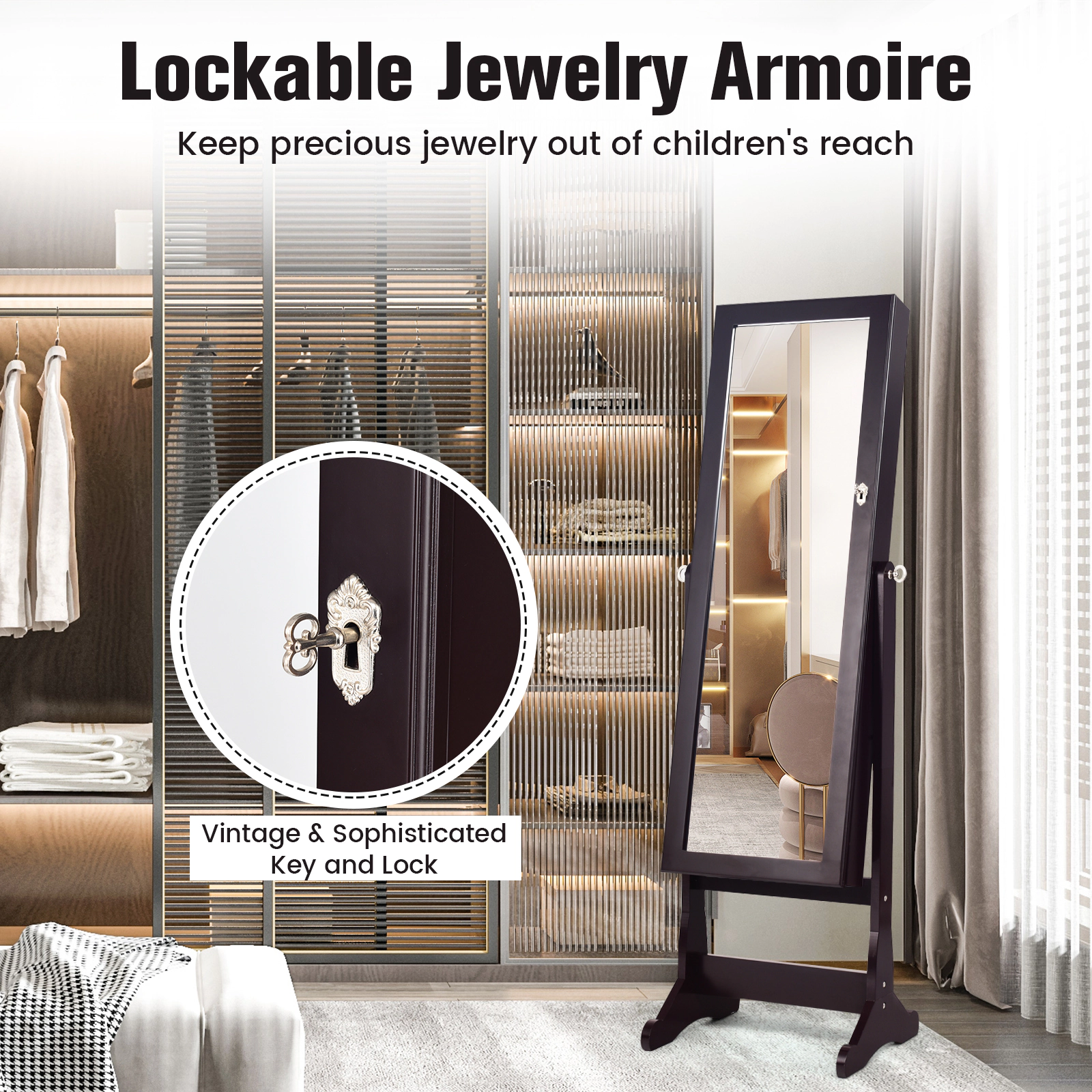 Glintex Freestanding Jewelry Cabinet with Stand 8 LED Lights and Full Mirror, Brown