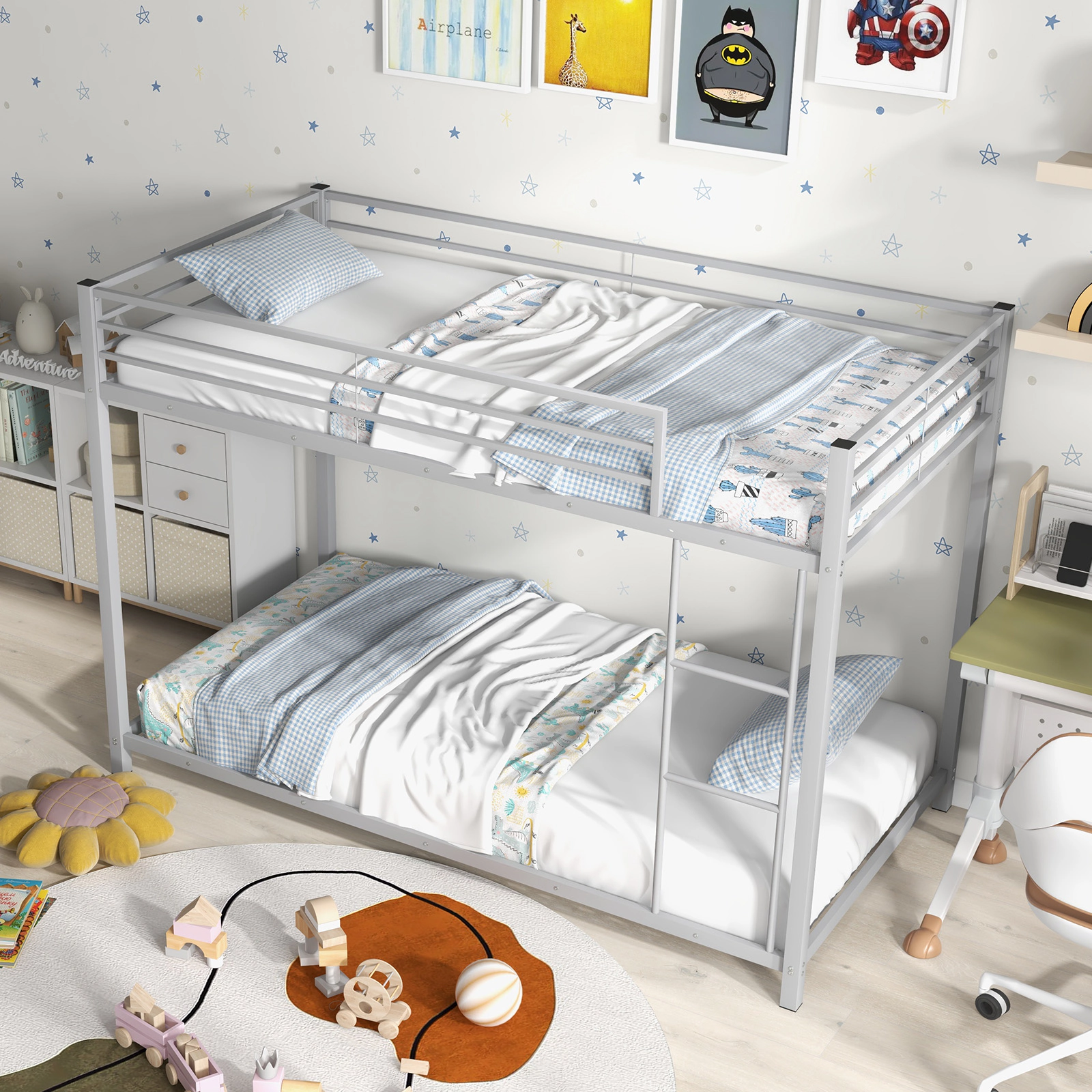 SUGIFT Twin-Over-Twin Low-Profile Metal Bunk Bed, Silver
