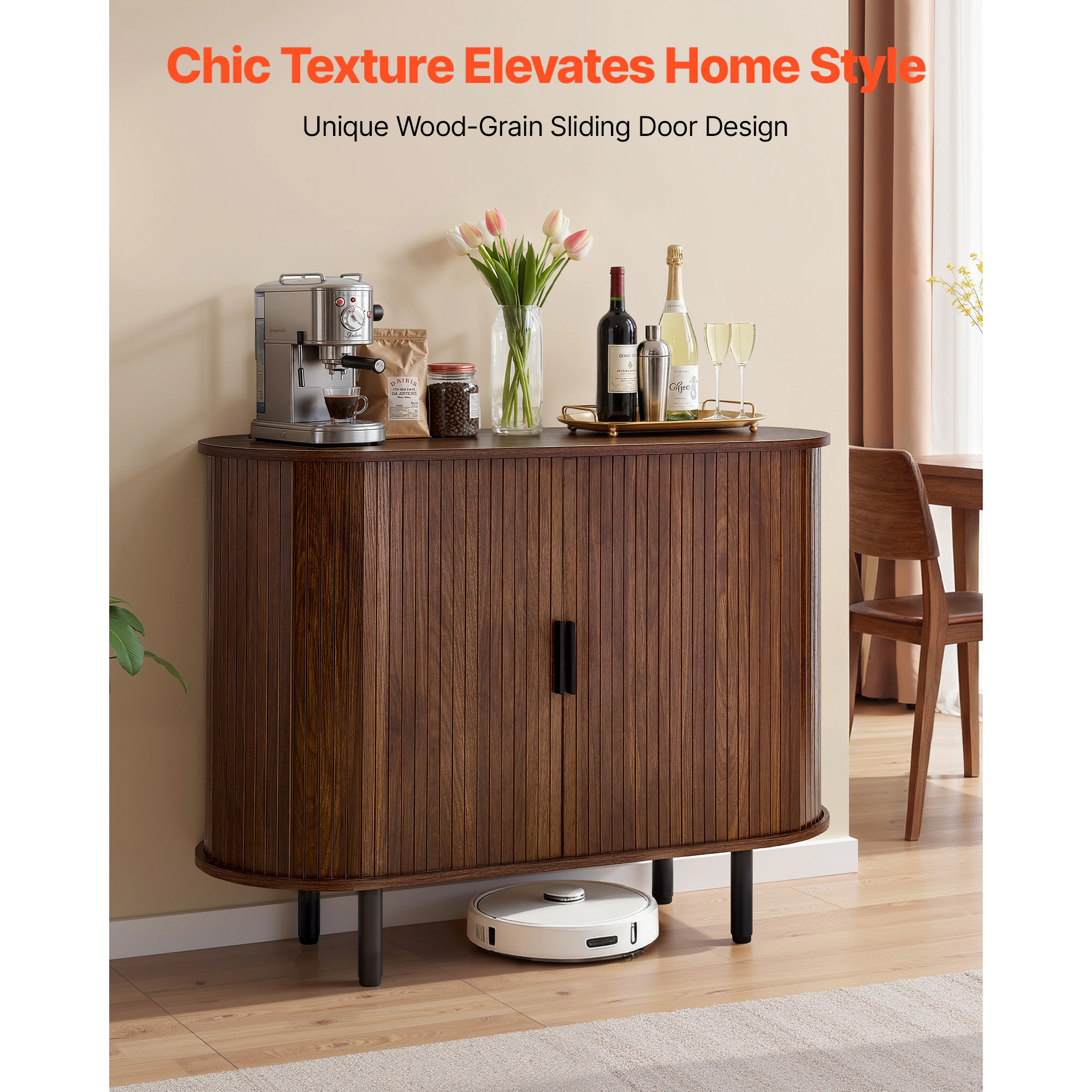 HONGGE Coffee Bar Cabinet Mid Century Fluted Coffee Bar Table Buffet Stand Cabinet with 2 Sliding Doors Sideboard