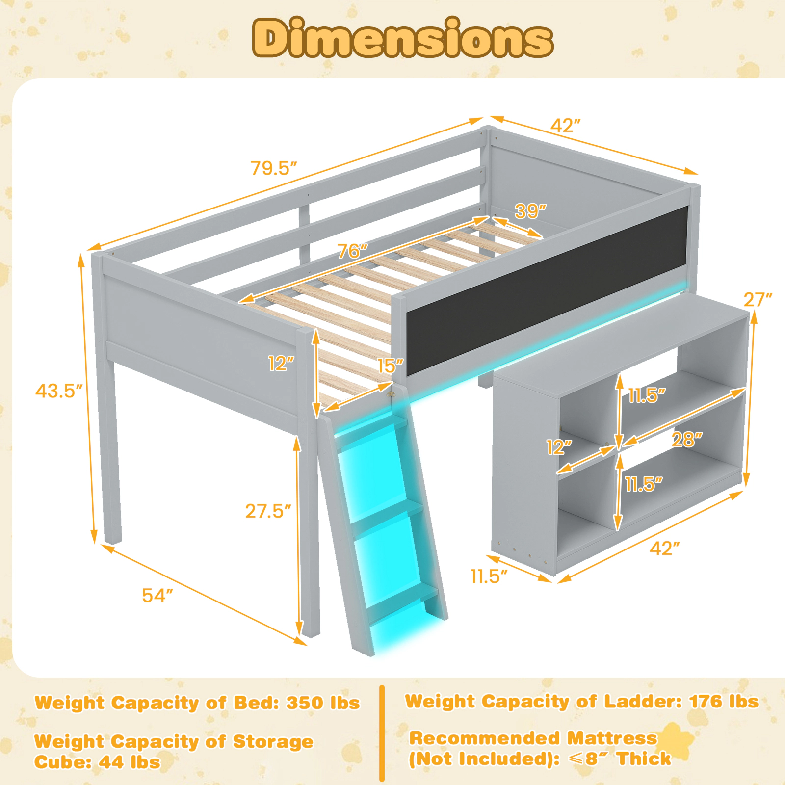 Costway Kids Loft Bed w/LED Lights Chalkboard & Removable Bookcase Safety Guardrail White