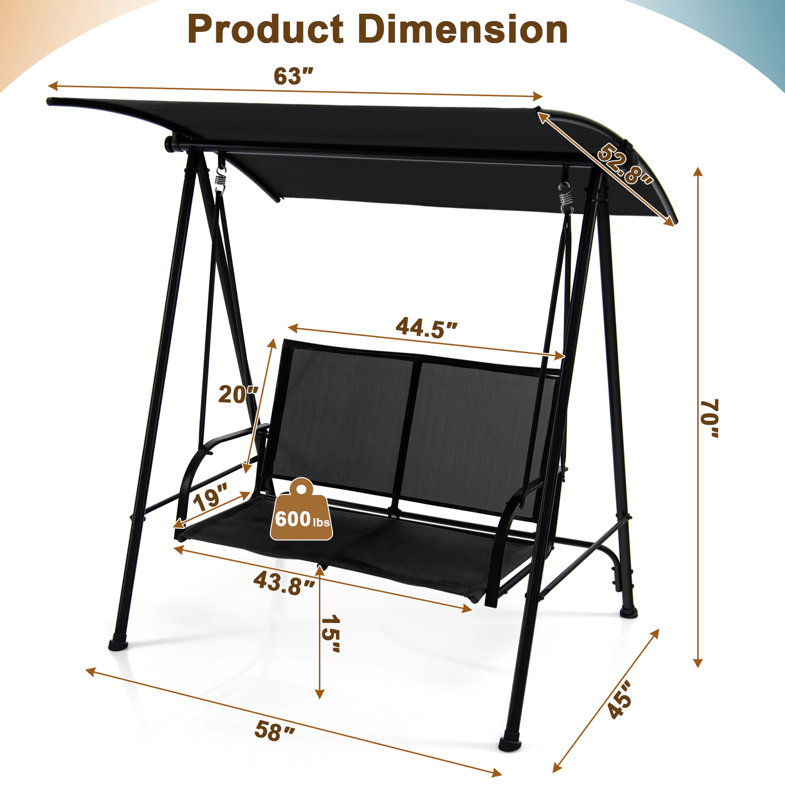 LJG 2-Seat Outdoor Canopy Swing with Comfortable Fabric Seat and Heavy-Duty Metal Frame