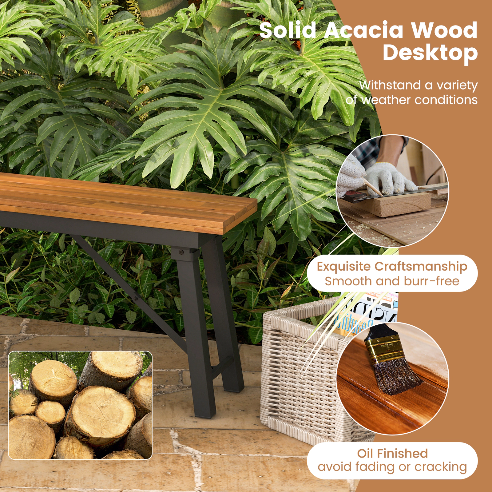 SUGIFT Folding Picnic Bench Set Acacia Wood 55 in Camping BBQ Benches with Metal Frame