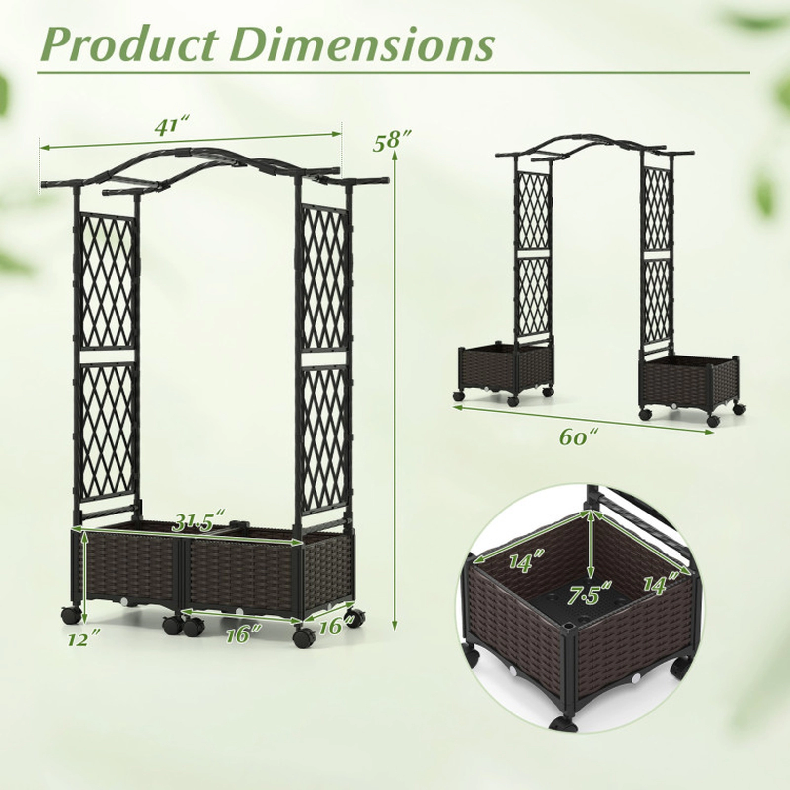 SUGIFT 5-ft Tall Raised Garden Bed with Trellis Hanging Roof and Lockable Wheels 58-in Frame Brown
