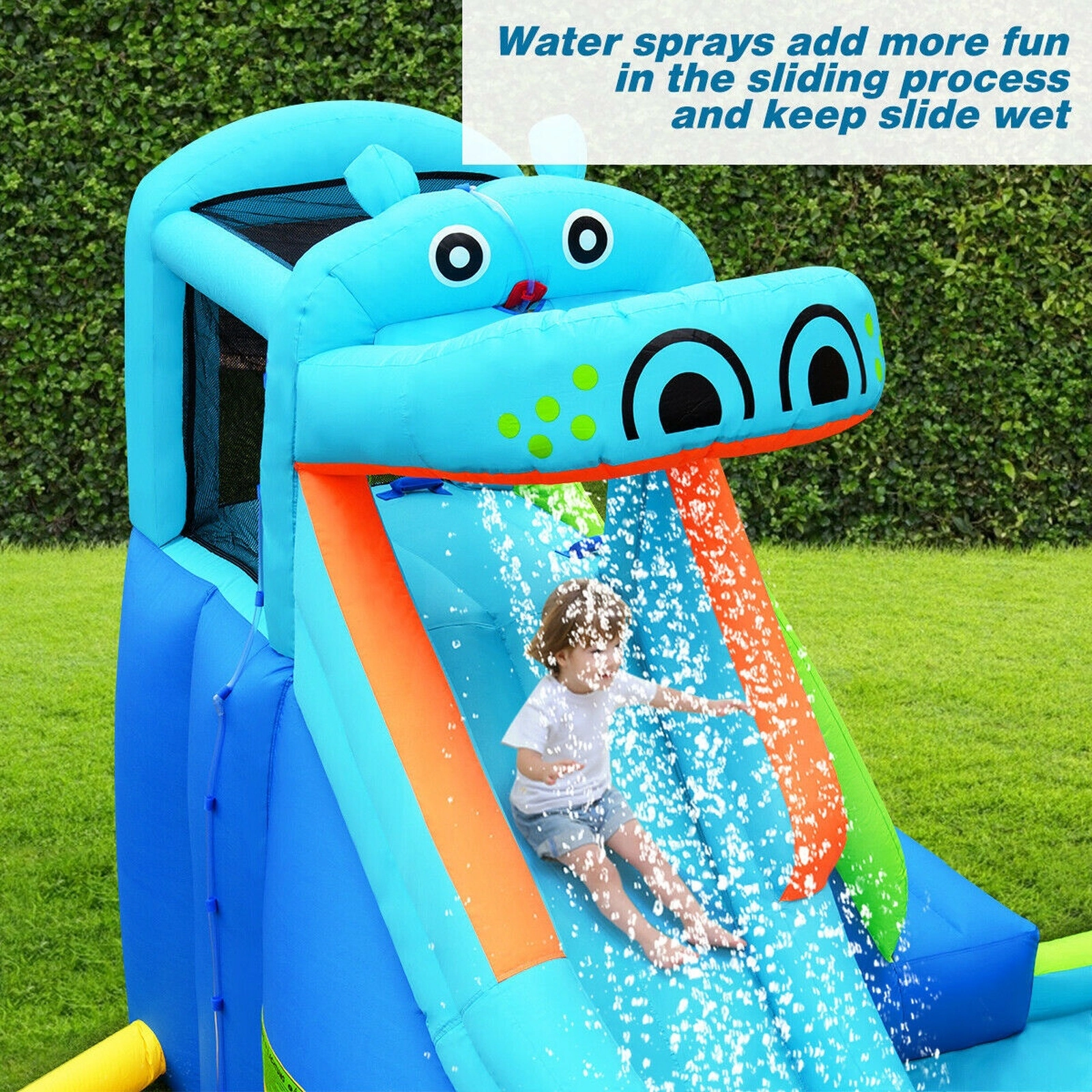 SUGIFT Blue Hippo Inflatable Water Slide Bounce House with Splash Pool Climbing Wall and 740W Blower