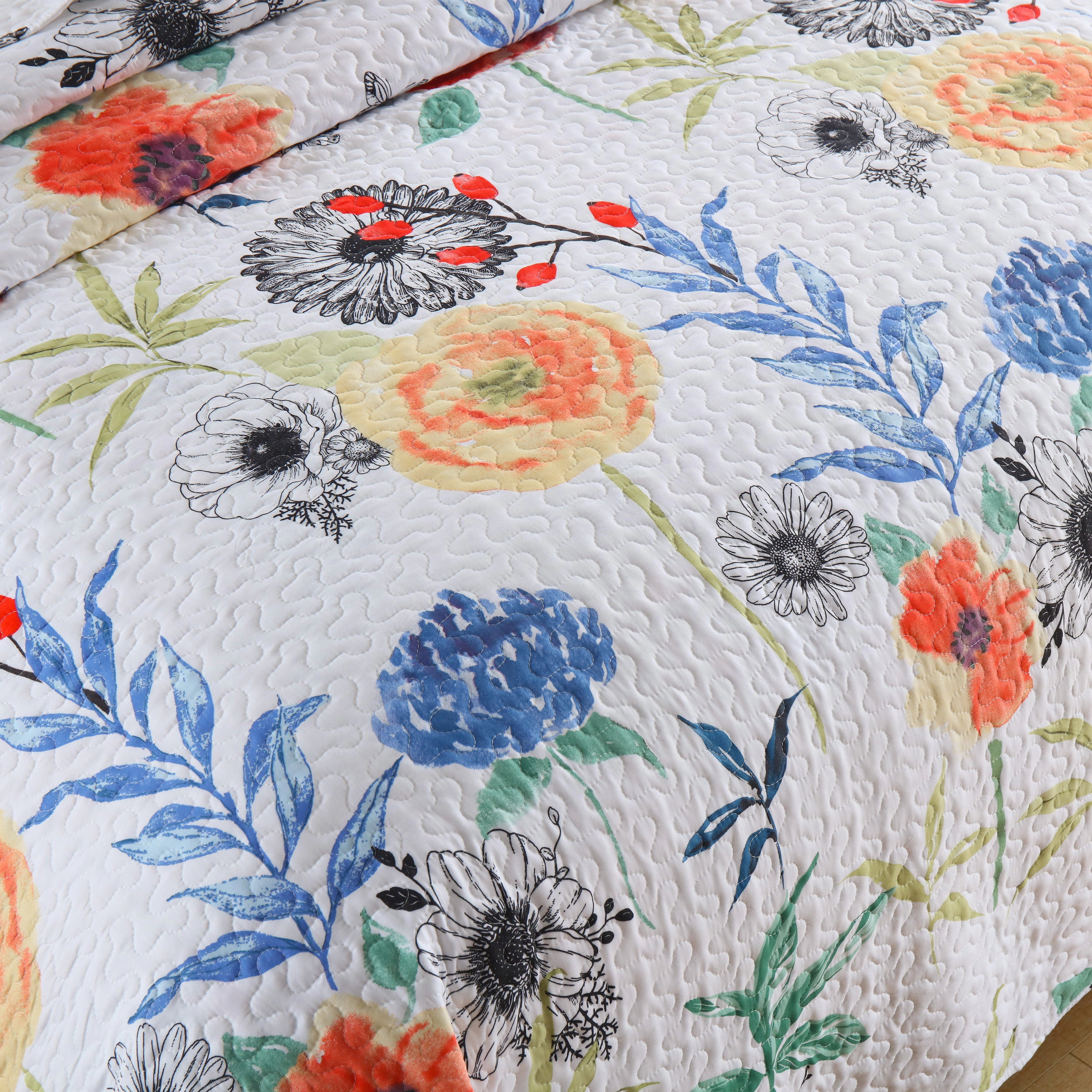 MarCielo 3 Piece Printed Floral Lightweight Quilt Bedspread Set