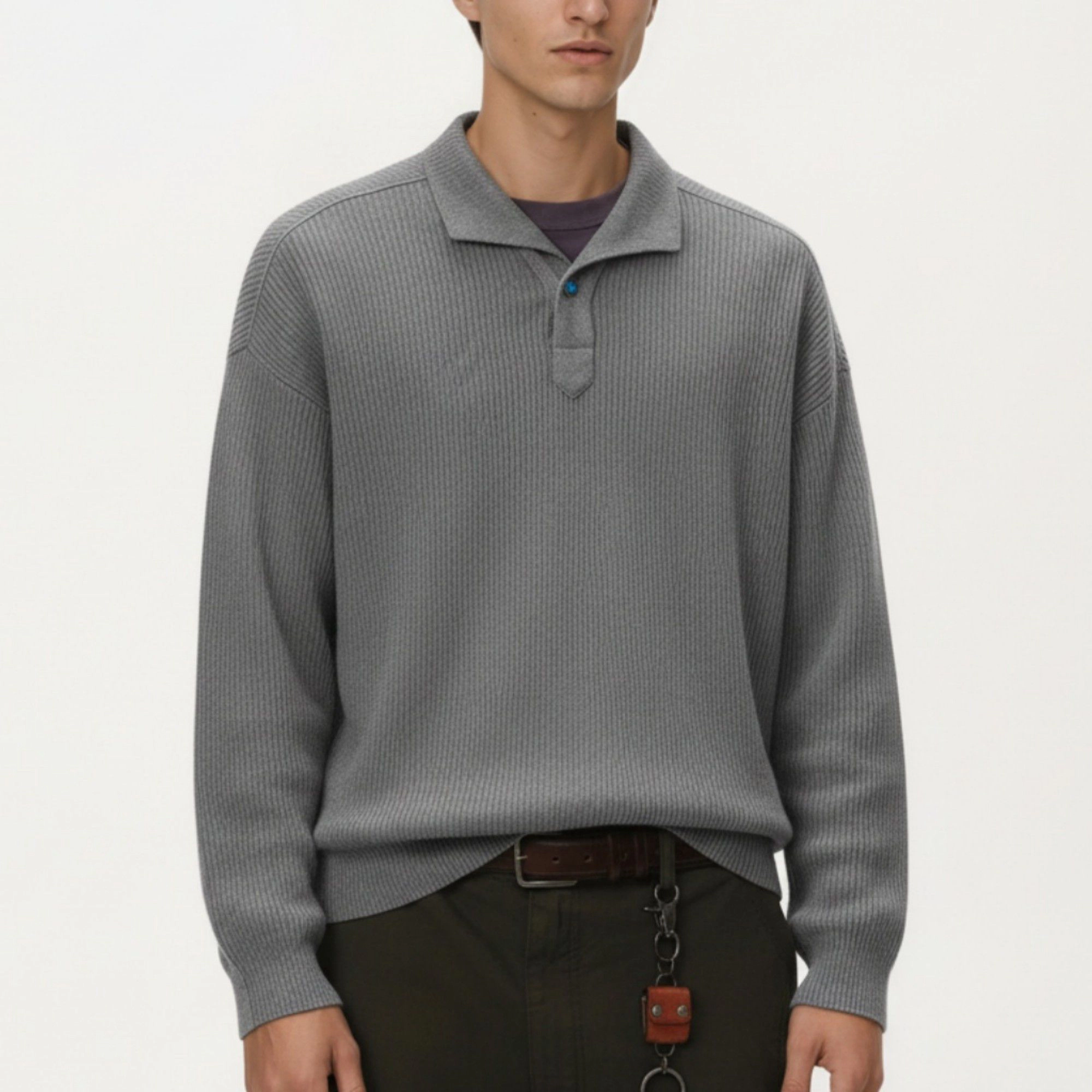 Anna-Kaci Men's Ribbed Long Sleeve Polo Sweater with Relaxed Fit and Soft Knit Texture