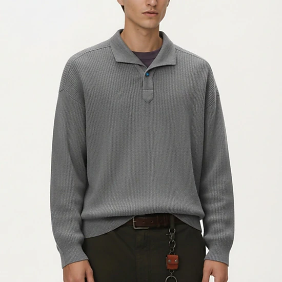 Anna-Kaci Men's Ribbed Long Sleeve Polo Sweater with Relaxed Fit and Soft Knit Texture