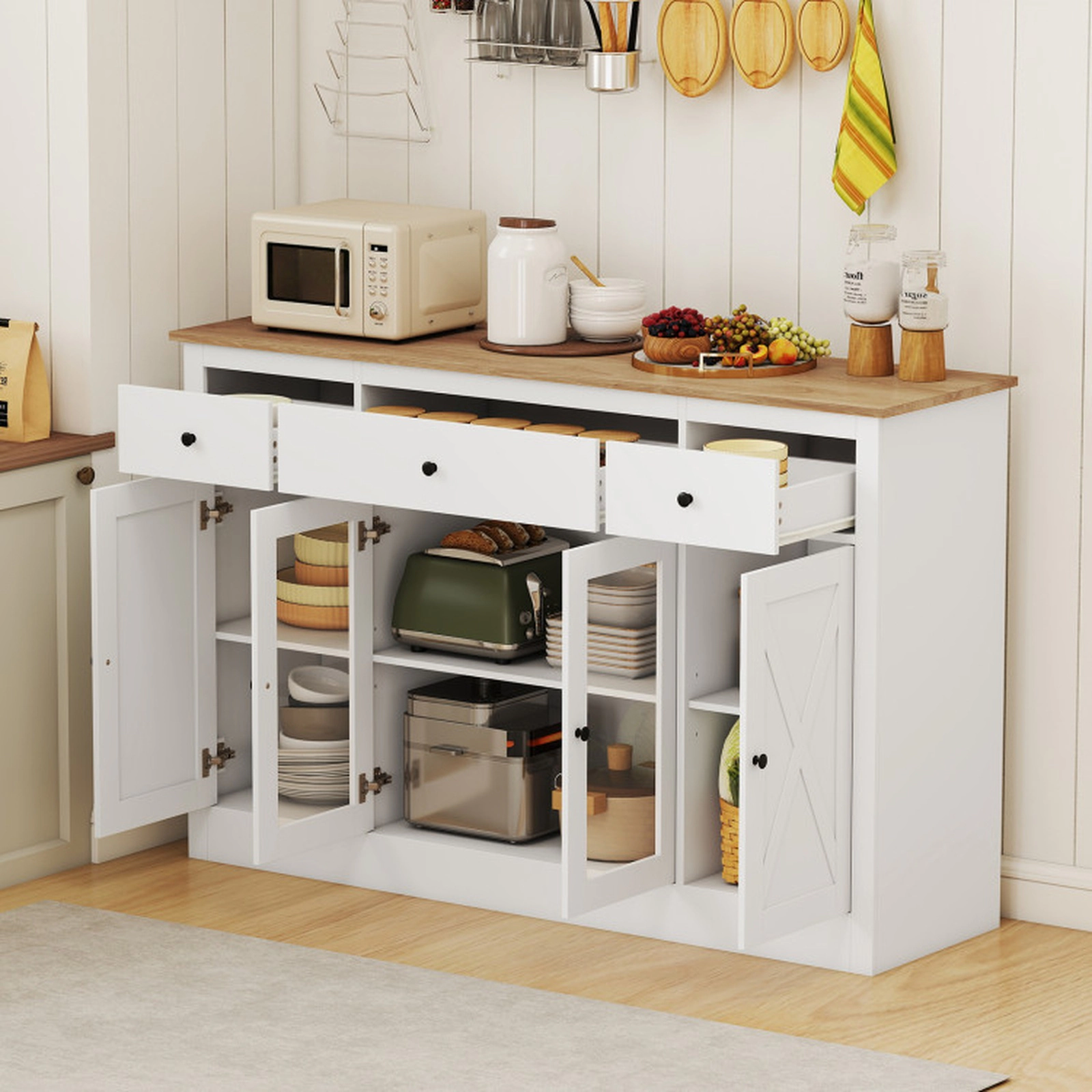 SUGIFT 55.5-in Large White Buffet Sideboard Wine Bar Table with 3 Drawers 2 See-Through Doors and Shelves